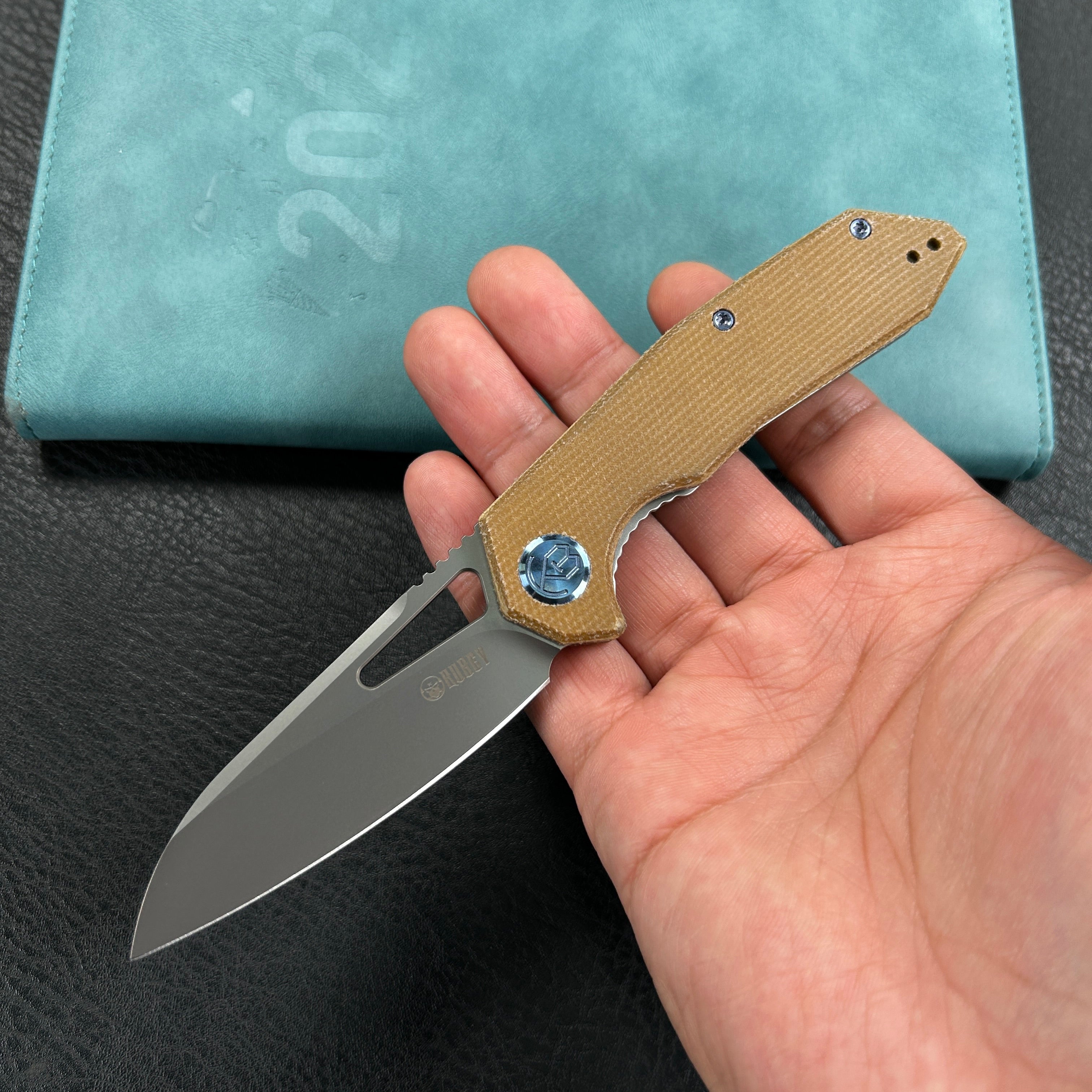 KUBEY KB291V Vagrant Liner Lock Folding Knife Tan Micarta Handle 3.1" Sandblast M390