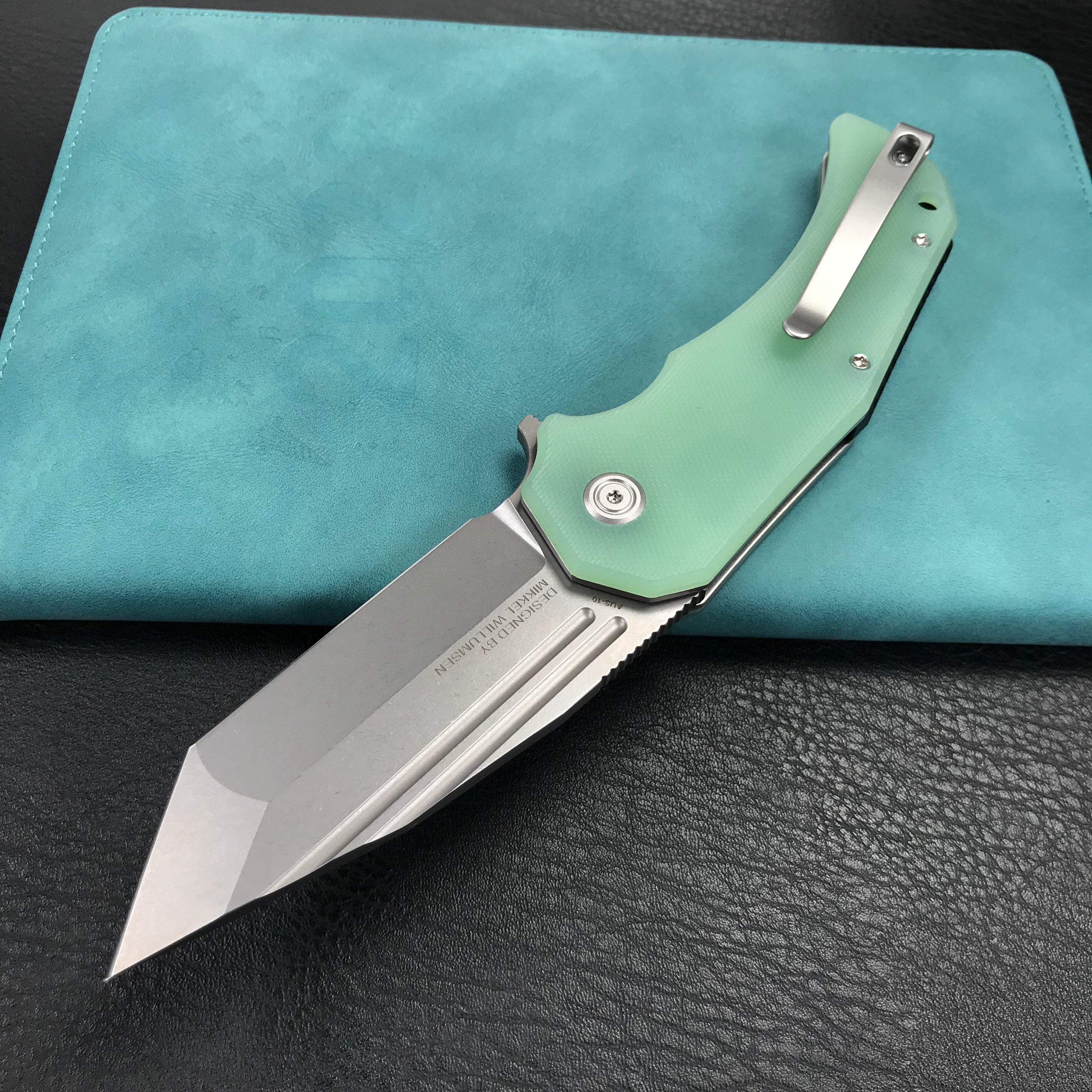 KUBEY KU318D Mikkel Willumsen Design Bravo one Tanto Outdoor Folding Camping Knife Jade G10 Handle 3.39" Bead Blasted AUS-10