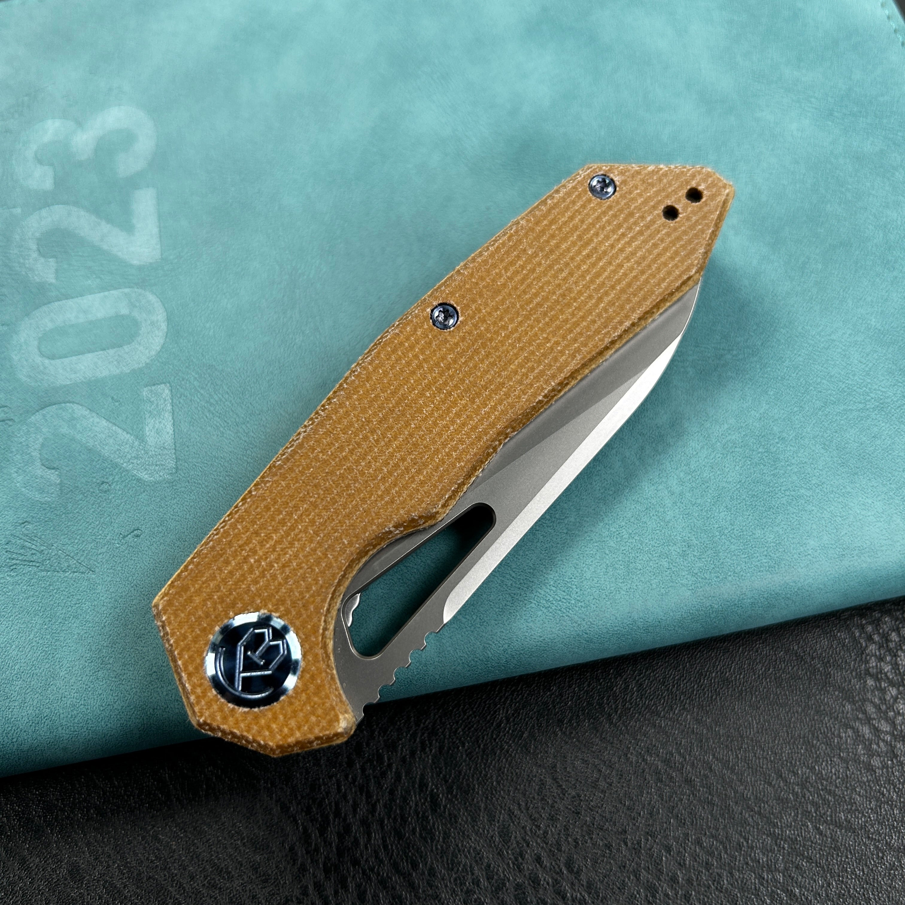 KUBEY KB291V Vagrant Liner Lock Folding Knife Tan Micarta Handle 3.1" Sandblast M390