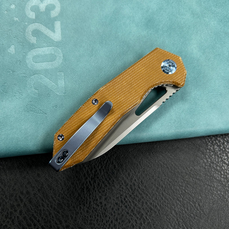 KUBEY KB291V Vagrant Liner Lock Folding Knife Tan Micarta Handle 3.1" Sandblast M390