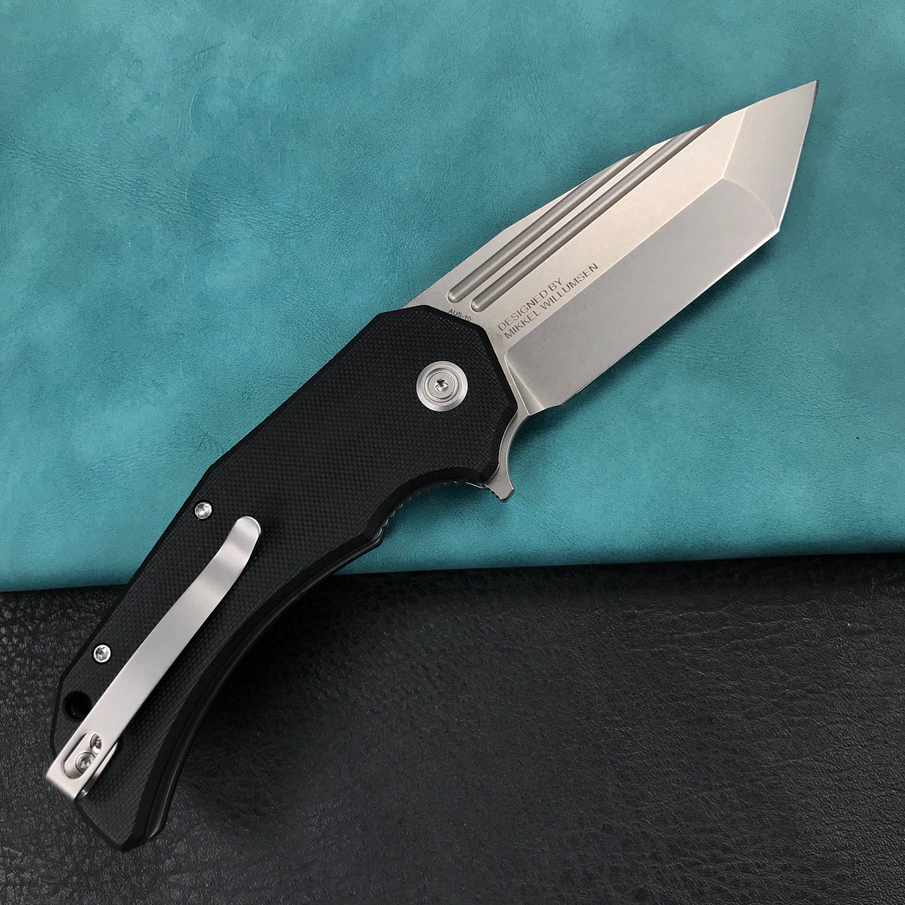 KUBEY KU318A Mikkel Willumsen Design Bravo one Tanto Outdoor Folding Camping Knife Black G10 Handle 3.39" Bead Blasted AUS-10