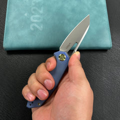 KUBEY KB291U Vagrant Liner Lock Folding Knife Blue Micarta Handle 3.1" Sandblast M390