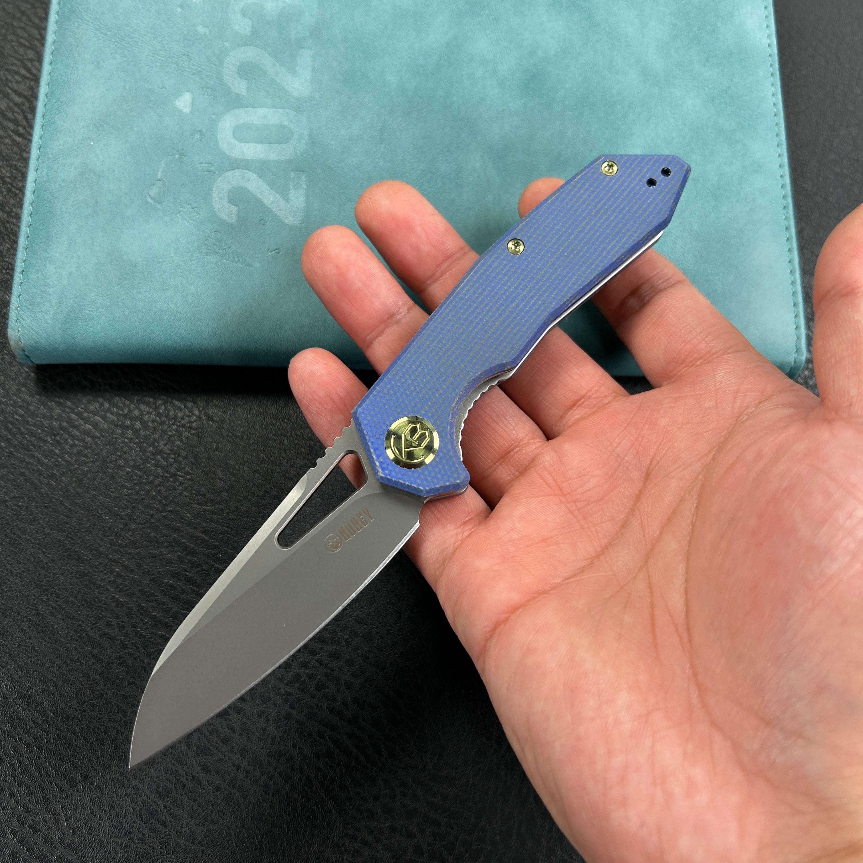 KUBEY KB291U Vagrant Liner Lock Folding Knife Blue Micarta Handle 3.1" Sandblast M390