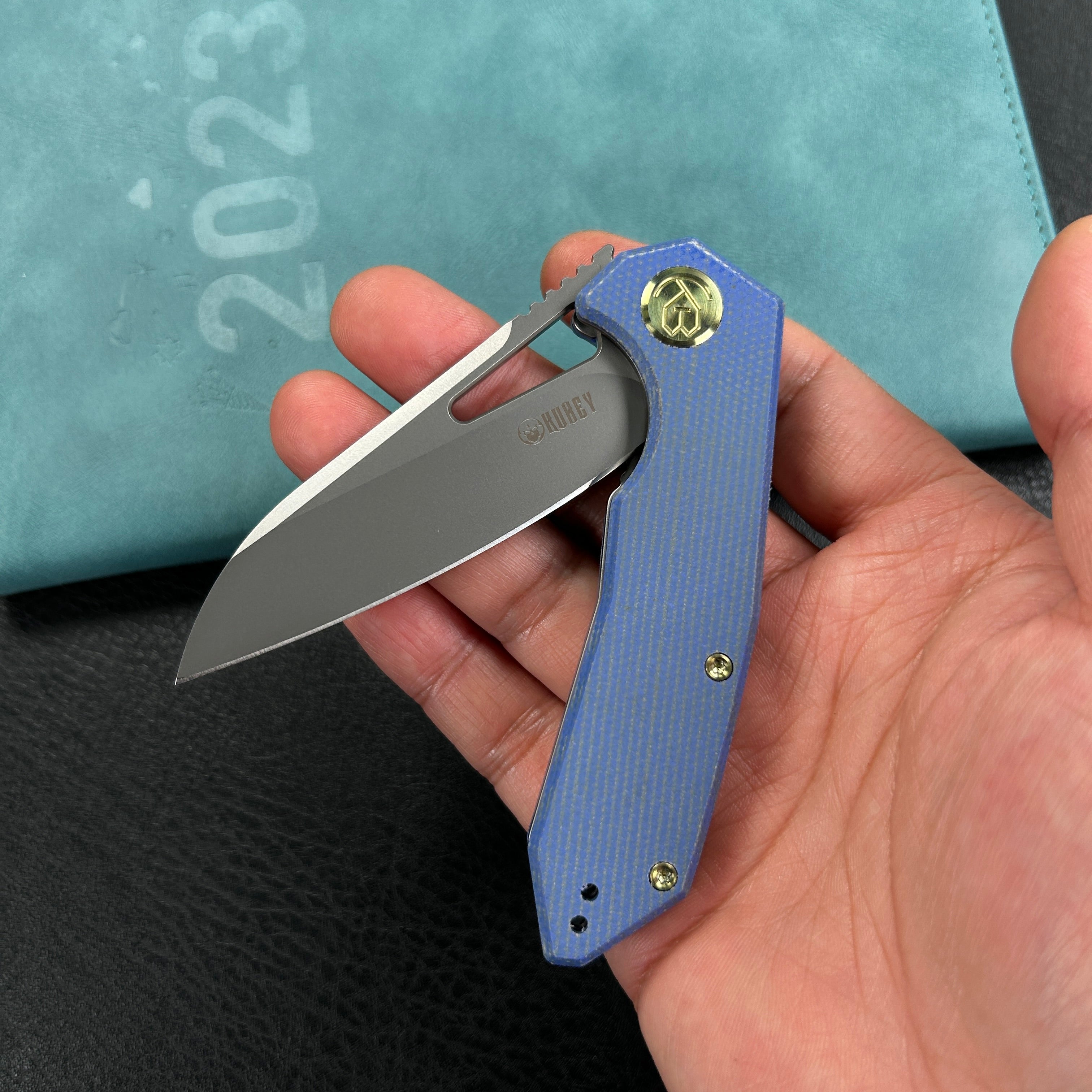 KUBEY KB291U Vagrant Liner Lock Folding Knife Blue Micarta Handle 3.1" Sandblast M390