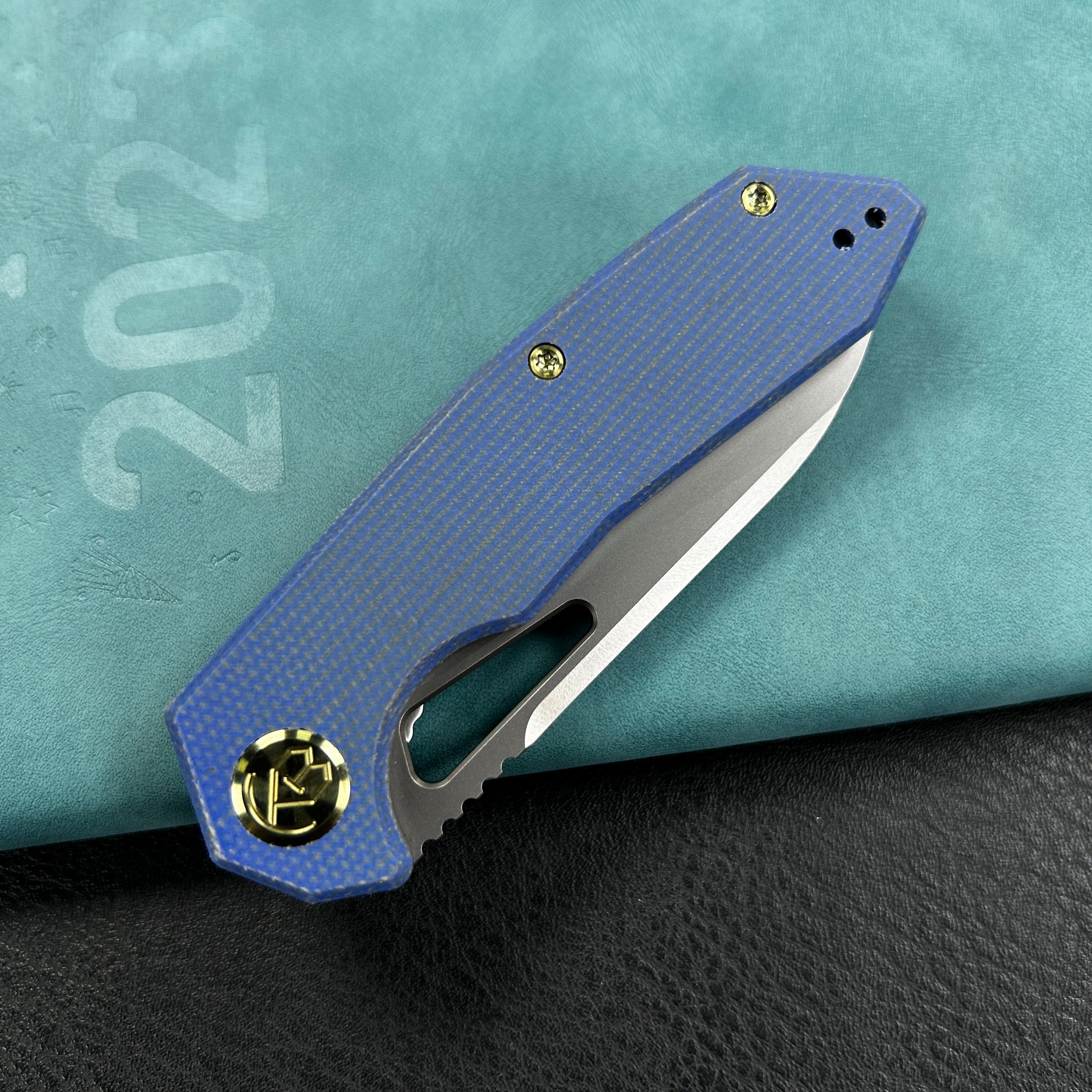 KUBEY KB291U Vagrant Liner Lock Folding Knife Blue Micarta Handle 3.1" Sandblast M390