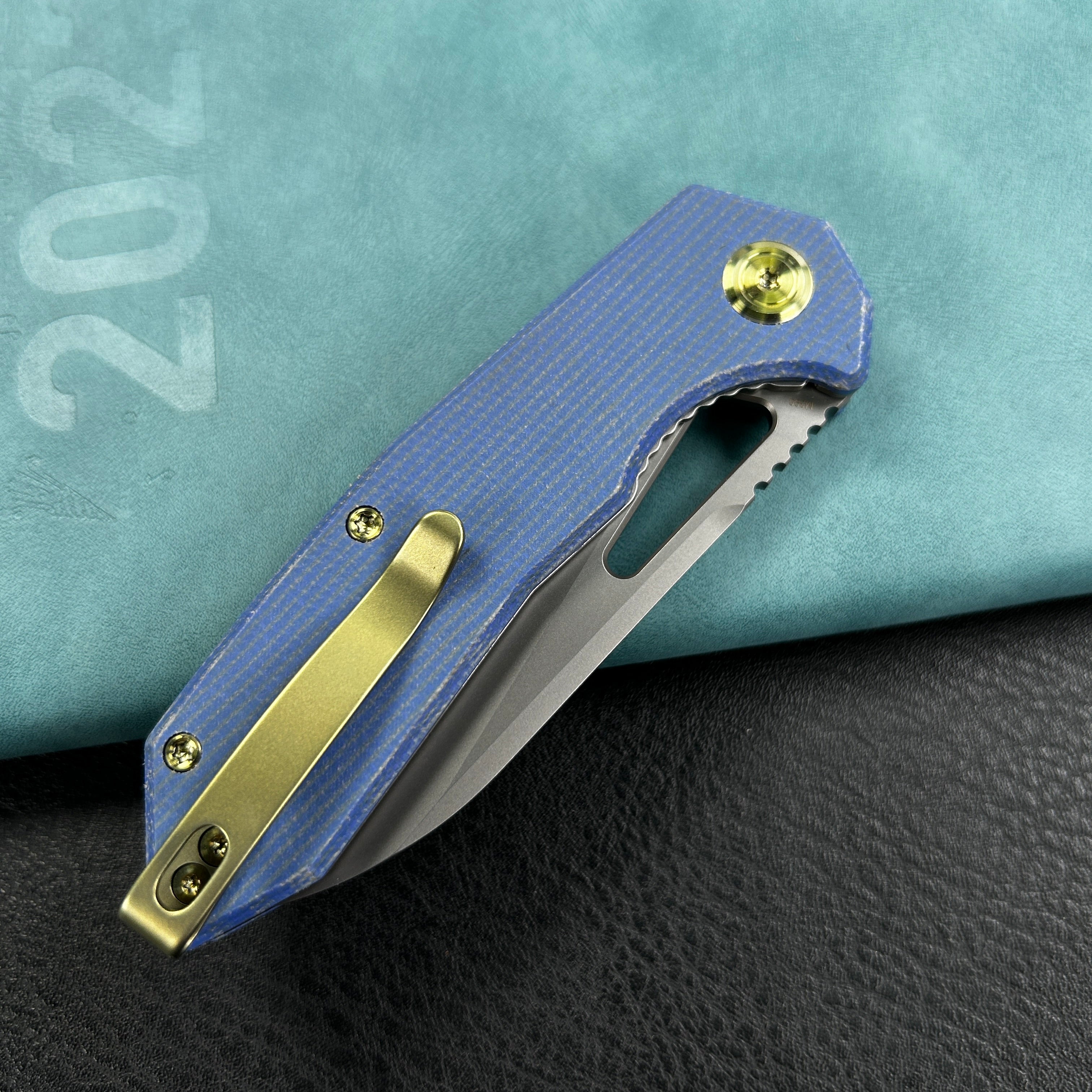 KUBEY KB291U Vagrant Liner Lock Folding Knife Blue Micarta Handle 3.1" Sandblast M390