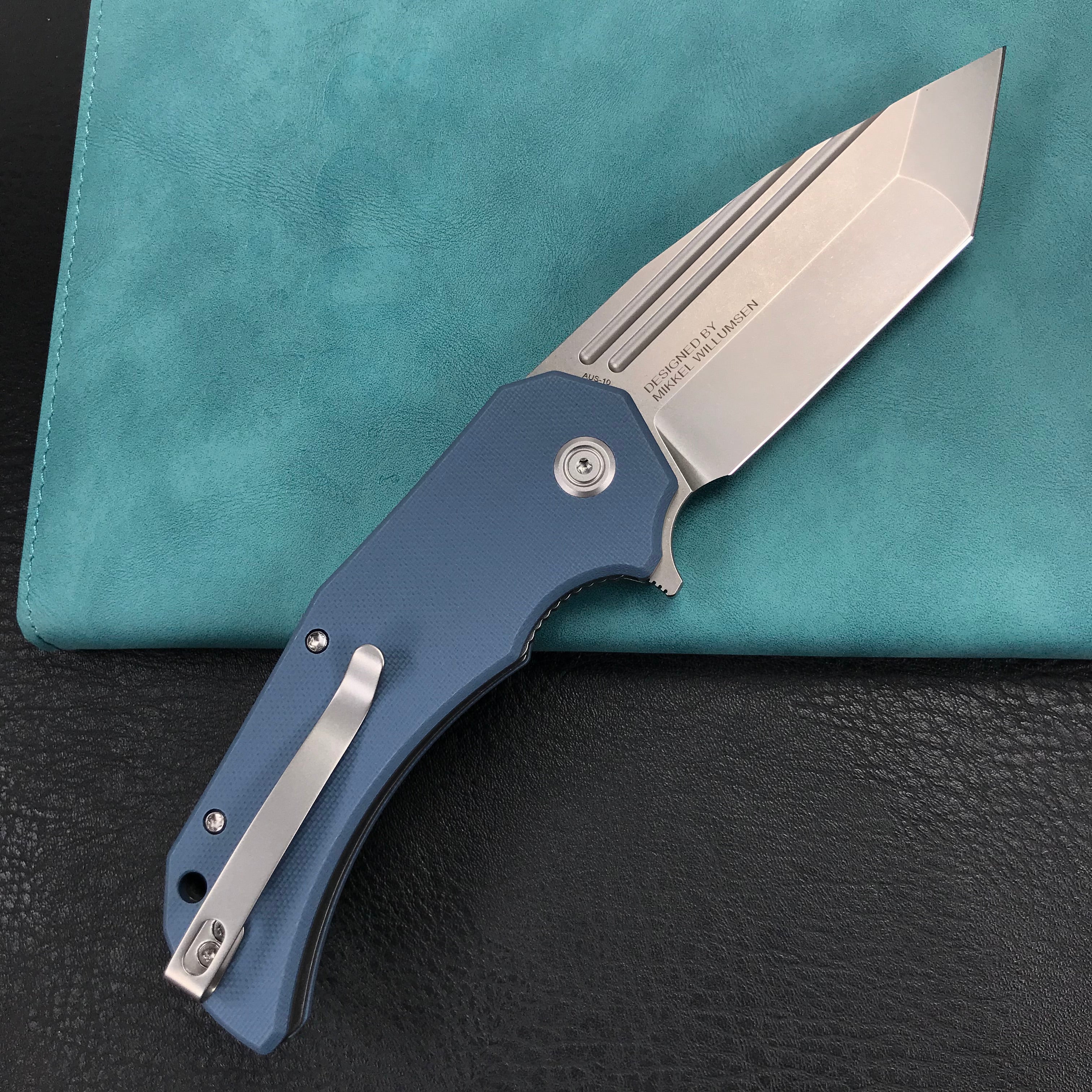 KUBEY KU318E Mikkel Willumsen Design Bravo one Tanto Outdoor Folding Camping Knife Blue G10 Handle 3.39" Bead Blasted AUS-10