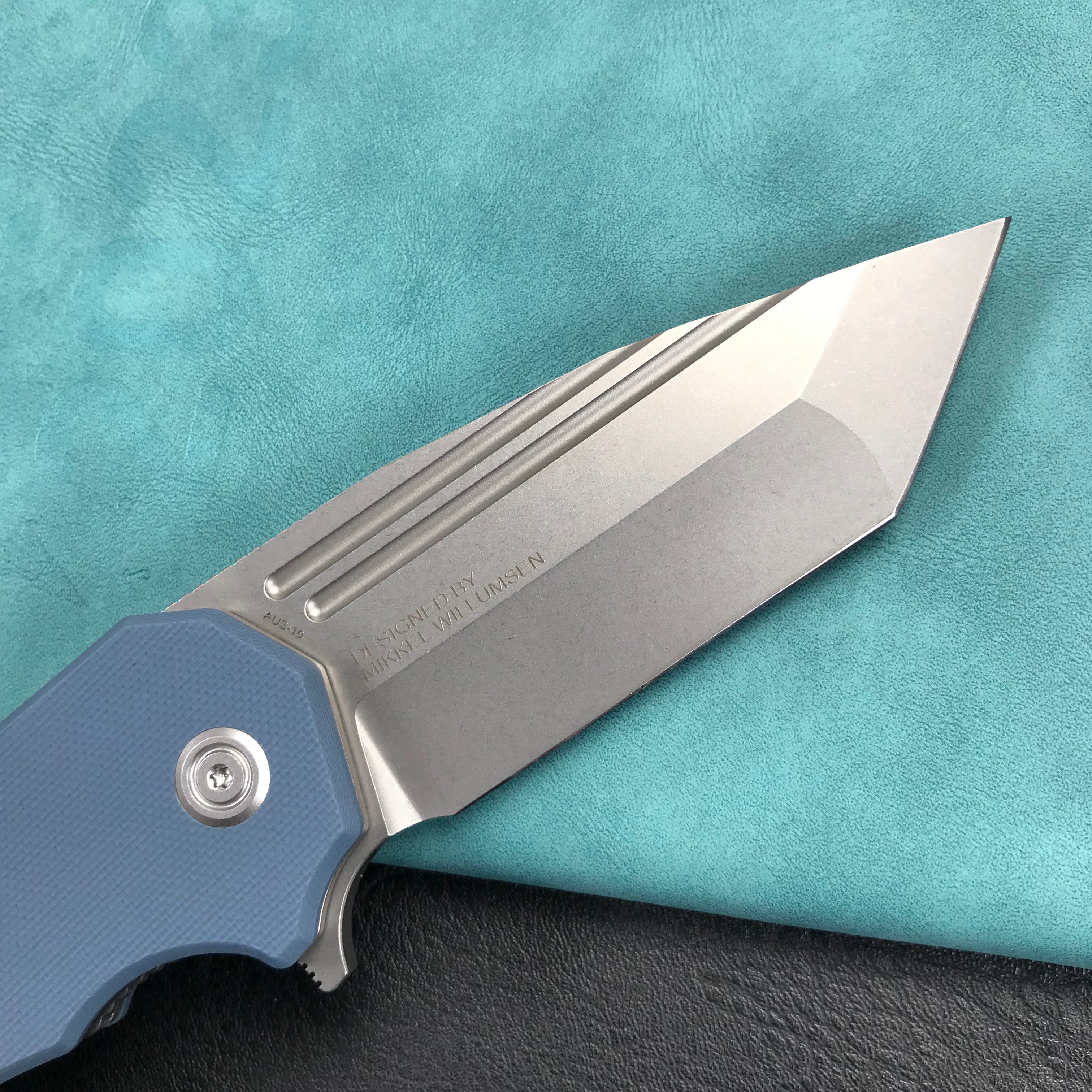 KUBEY KU318E Mikkel Willumsen Design Bravo one Tanto Outdoor Folding Camping Knife Blue G10 Handle 3.39" Bead Blasted AUS-10