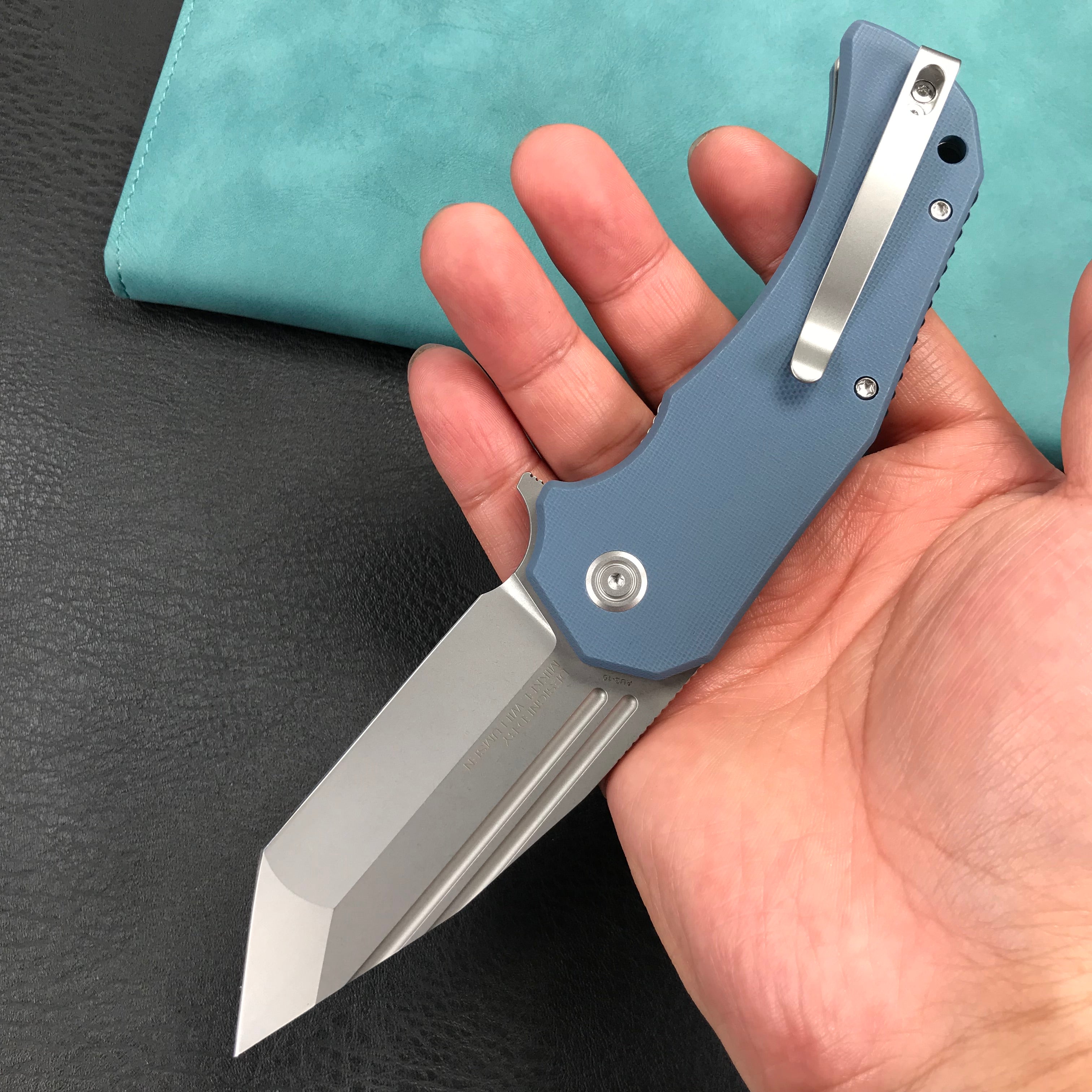 KUBEY KU318E Mikkel Willumsen Design Bravo one Tanto Outdoor Folding Camping Knife Blue G10 Handle 3.39" Bead Blasted AUS-10