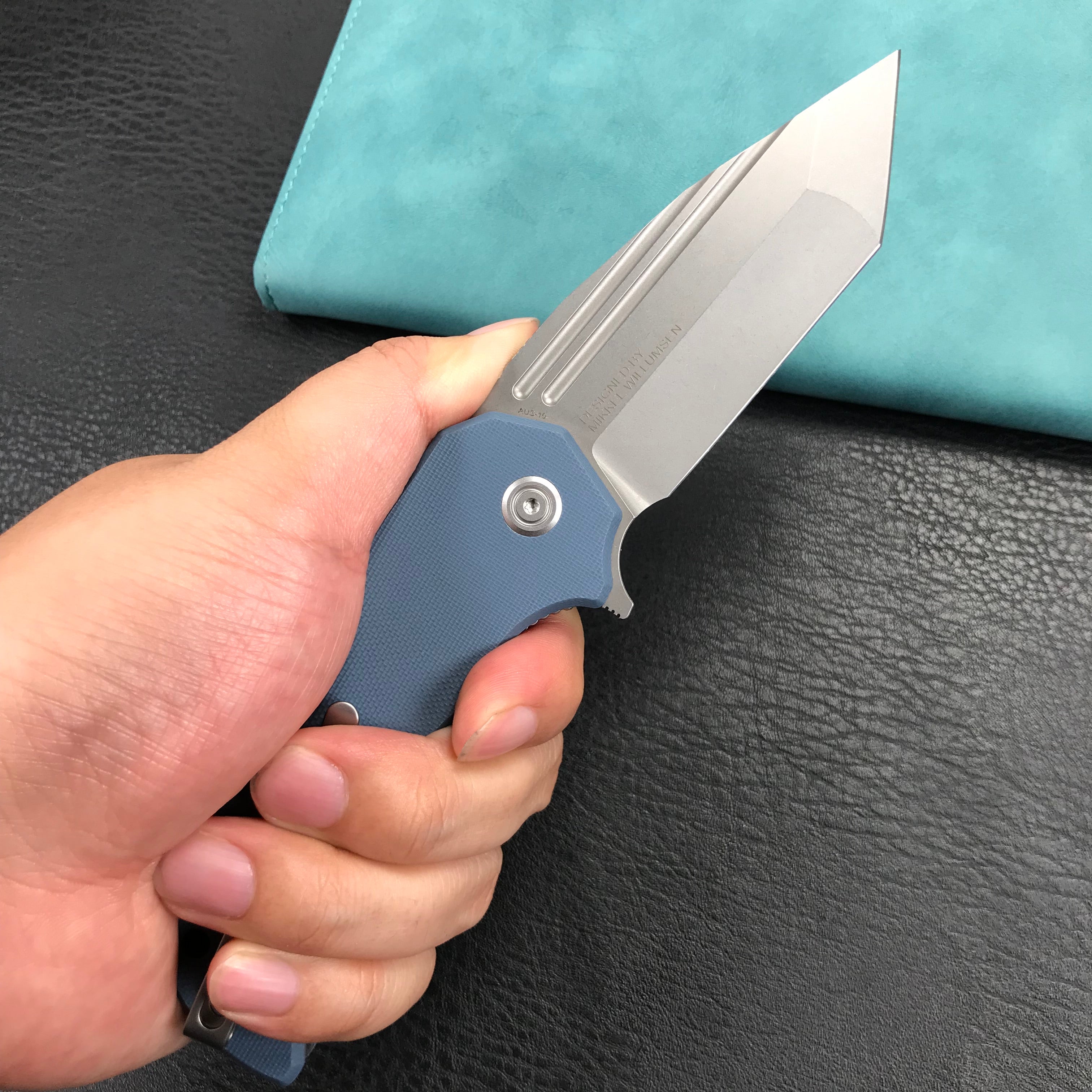 KUBEY KU318E Mikkel Willumsen Design Bravo one Tanto Outdoor Folding Camping Knife Blue G10 Handle 3.39" Bead Blasted AUS-10