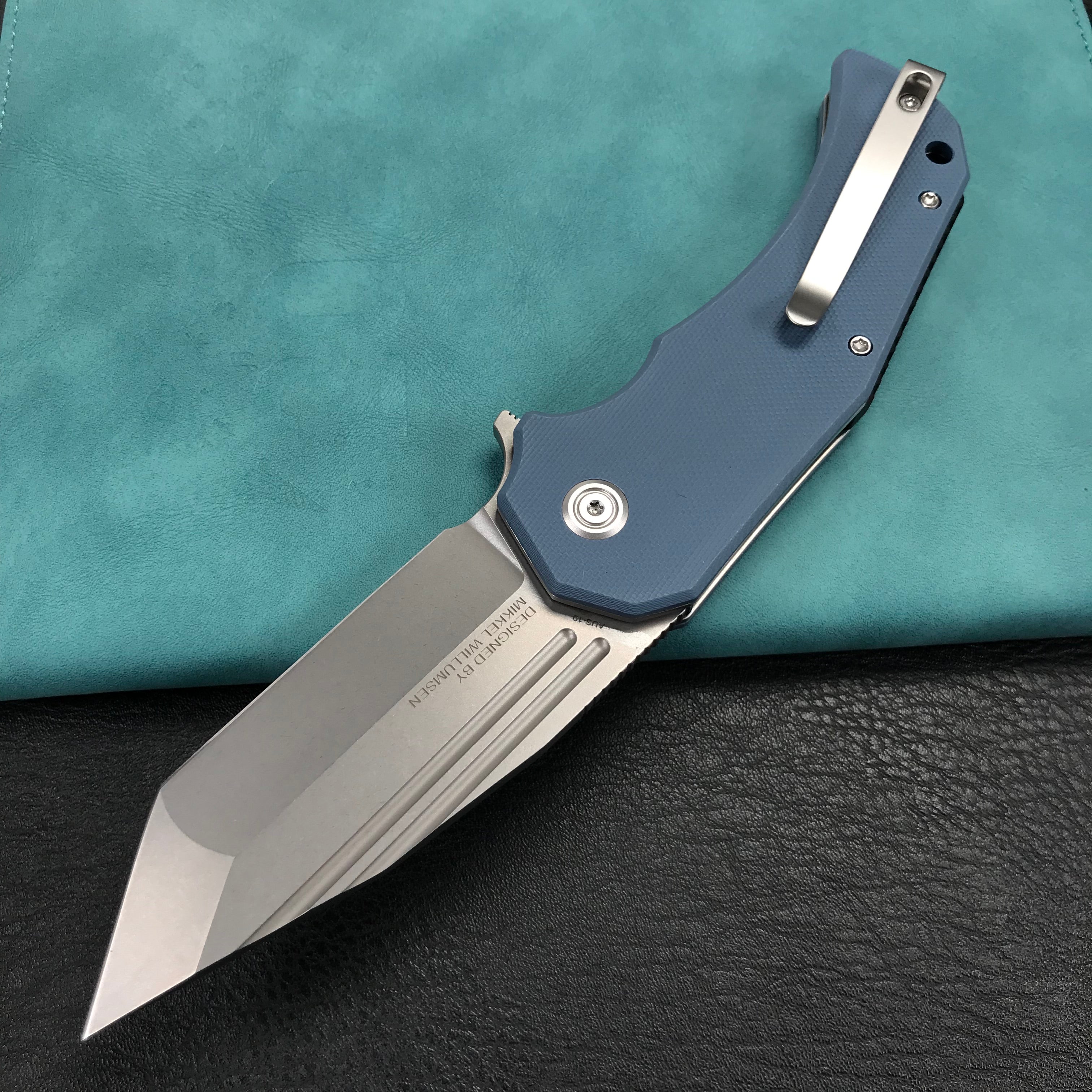 KUBEY KU318E Mikkel Willumsen Design Bravo one Tanto Outdoor Folding Camping Knife Blue G10 Handle 3.39" Bead Blasted AUS-10