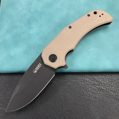 KUBEY KU319D Mikkel Willumsen Design Bravo one Drop Point Outdoor Folding Camping Knife  Tan G10 Handle 3.39" Blackwash AUS-10