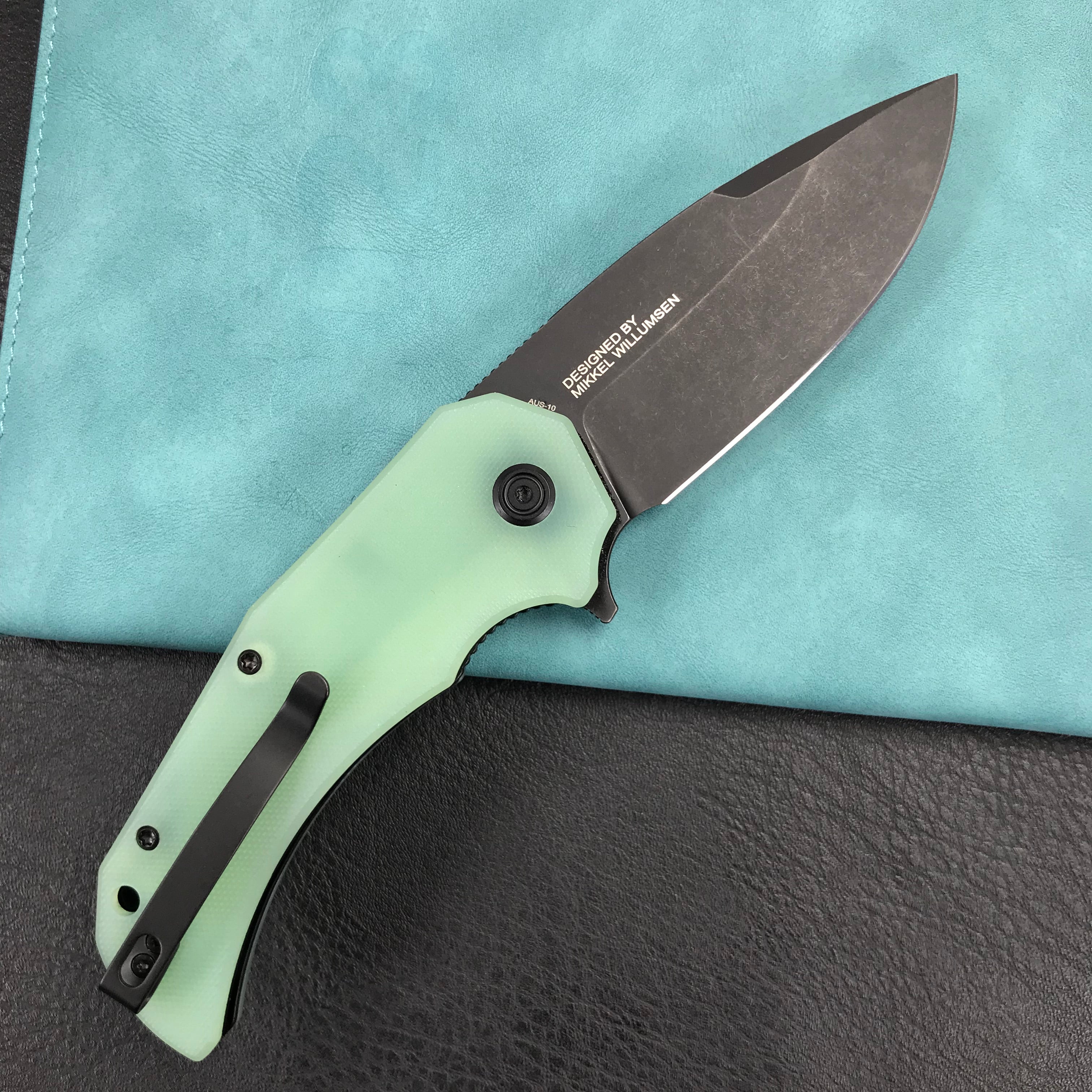 KUBEY KU319C Mikkel Willumsen Design Bravo one Drop Point Outdoor Folding Camping Knife Jade G10 Handle 3.39" Blackwash AUS-10