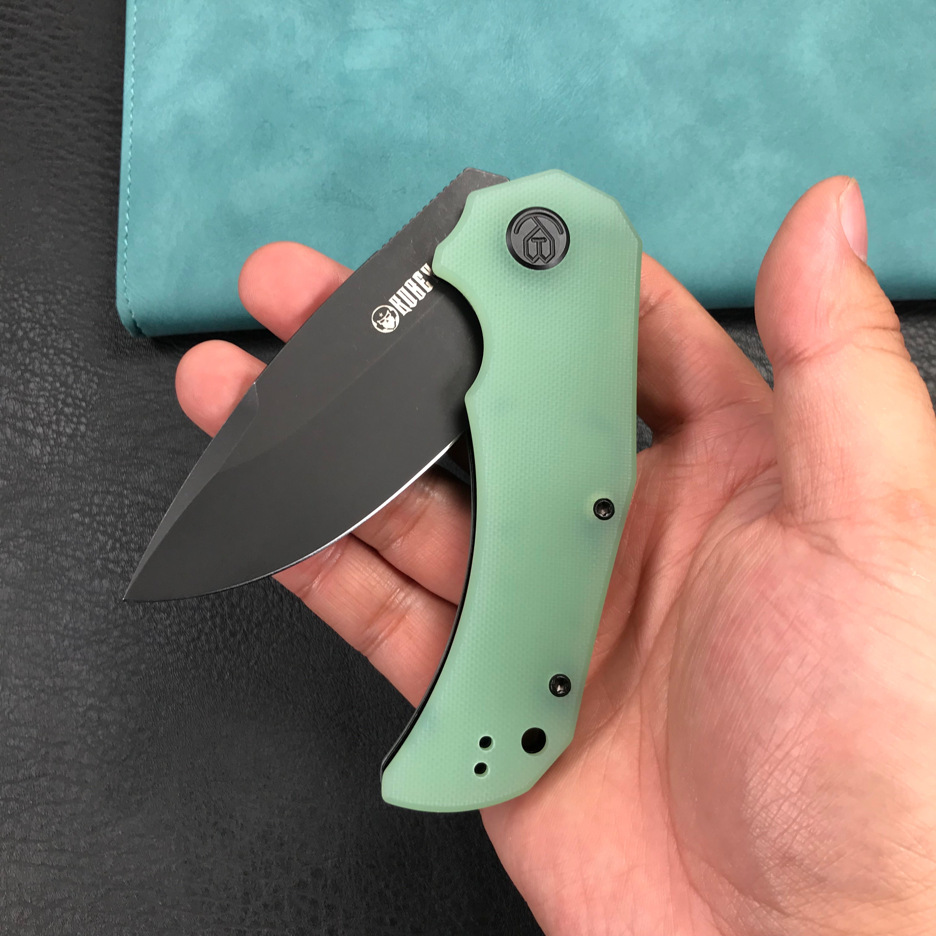 KUBEY KU319C Mikkel Willumsen Design Bravo one Drop Point Outdoor Folding Camping Knife Jade G10 Handle 3.39" Blackwash AUS-10