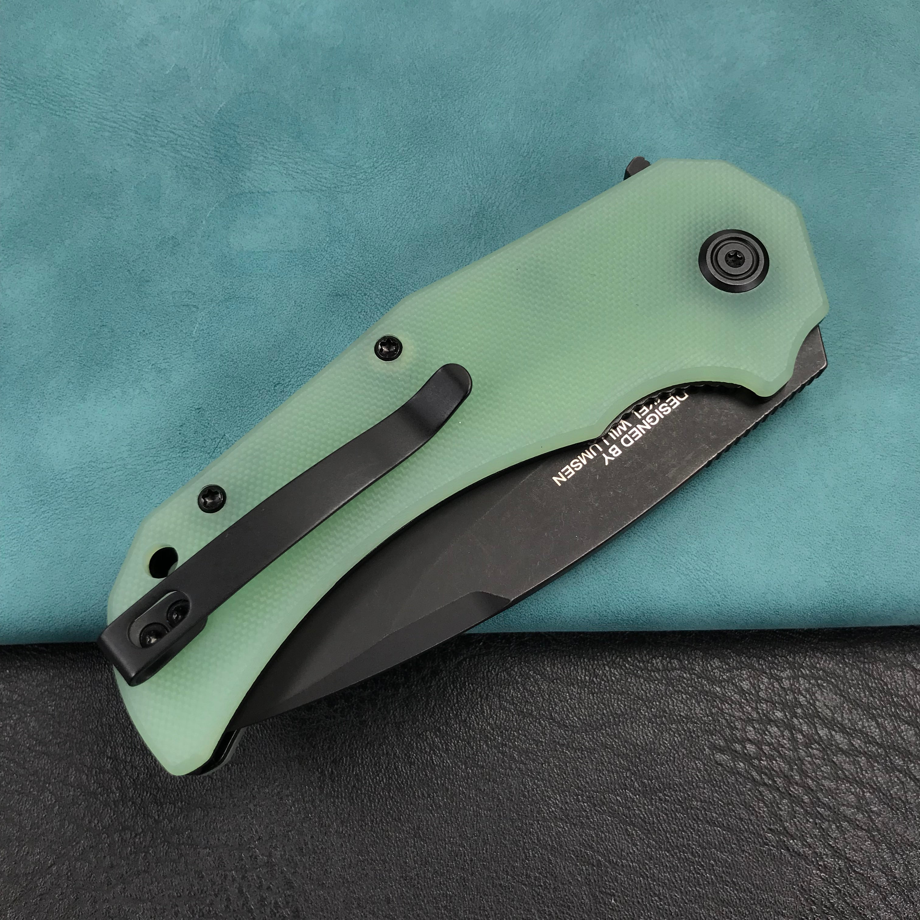 KUBEY KU319C Mikkel Willumsen Design Bravo one Drop Point Outdoor Folding Camping Knife Jade G10 Handle 3.39" Blackwash AUS-10