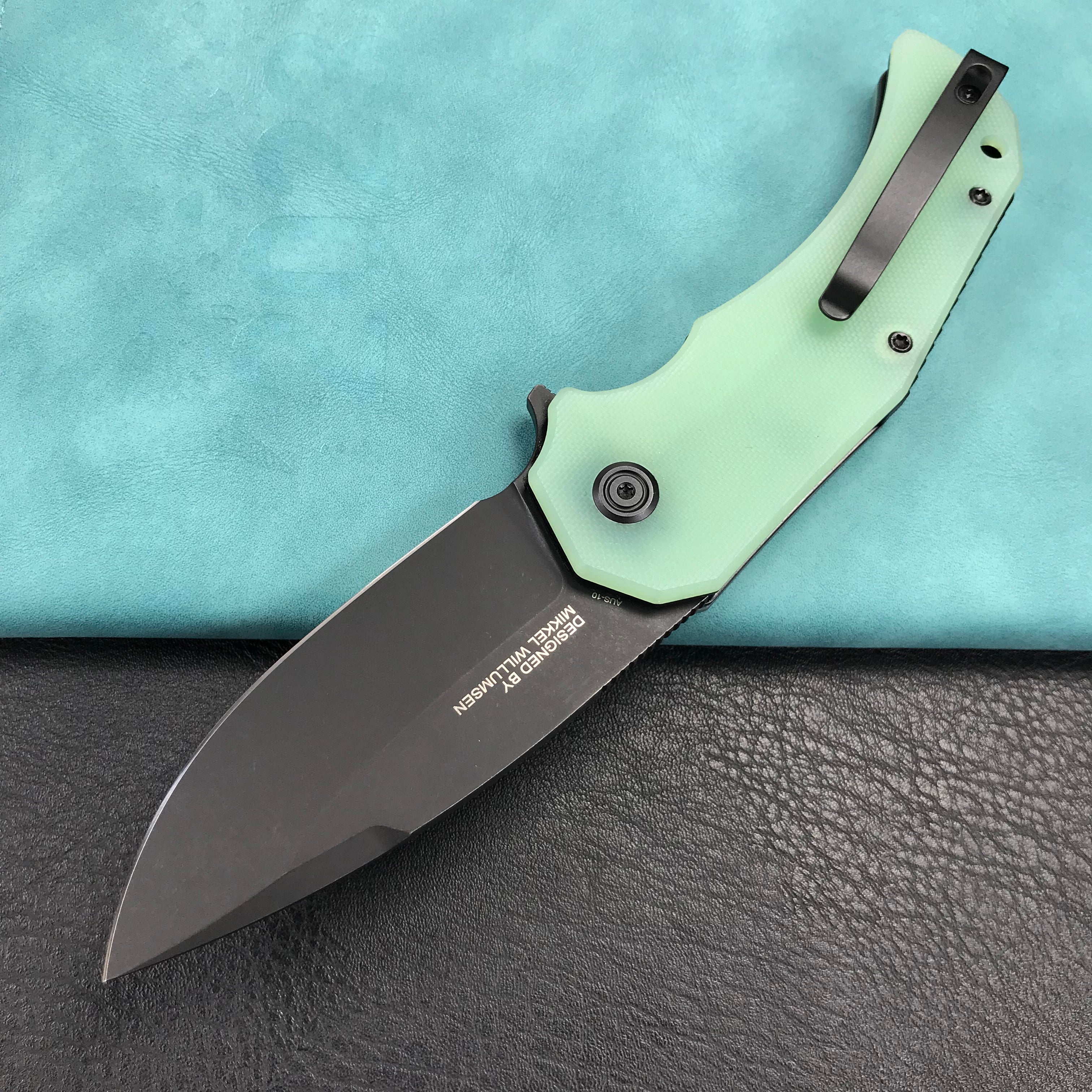 KUBEY KU319C Mikkel Willumsen Design Bravo one Drop Point Outdoor Folding Camping Knife Jade G10 Handle 3.39" Blackwash AUS-10