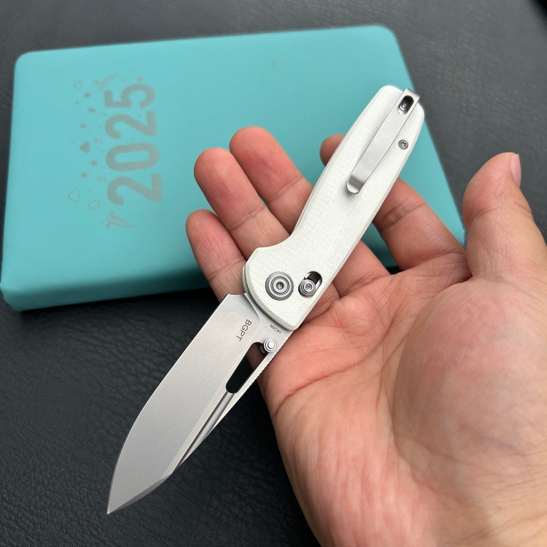 KUBEY knife  KU248G Bluff Axis lock Everyday Carry Folding Knife White G10 Handle 3.19" Sandblast 14C28N