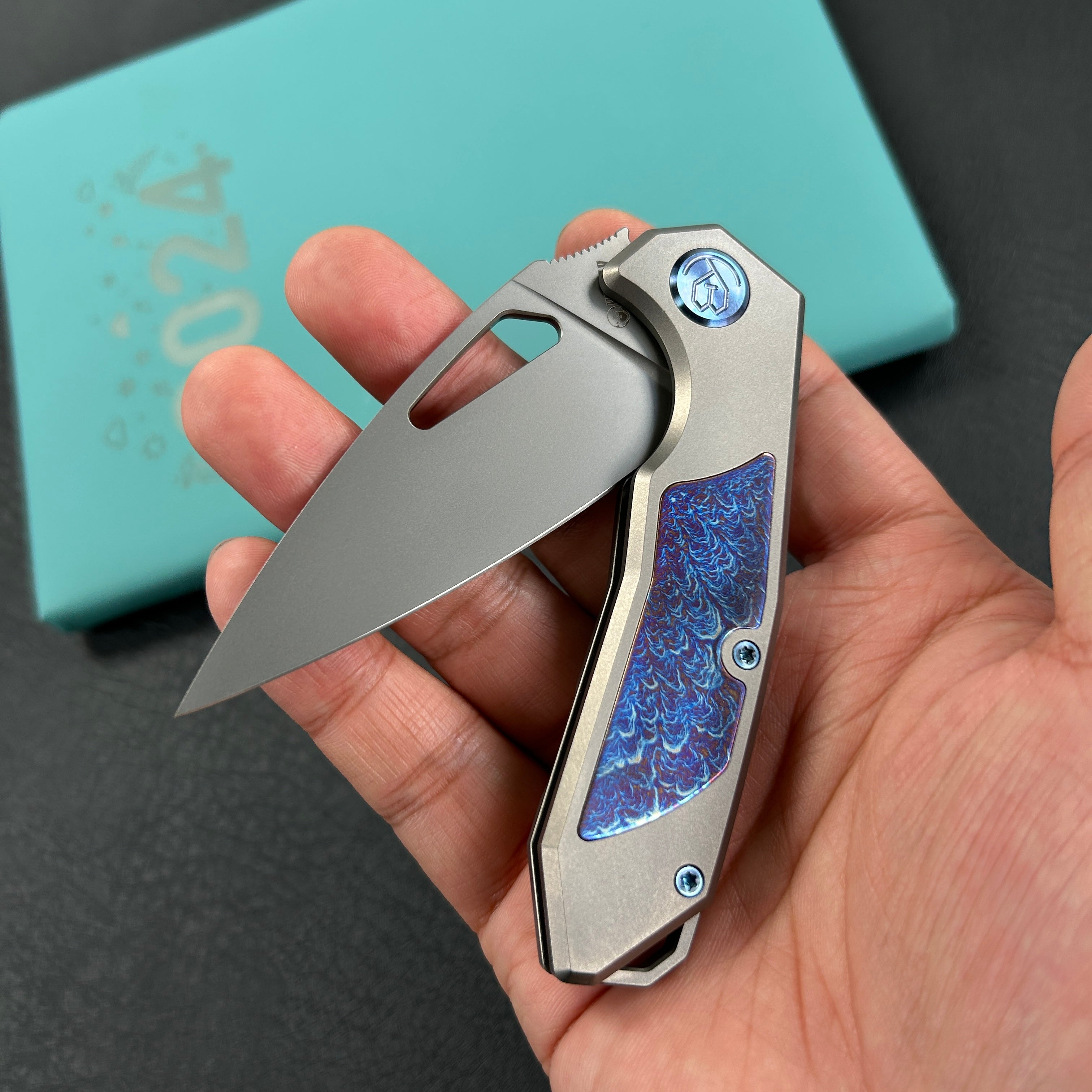 KB Knives KB286A Coeus Outdoor Folding Knife Grey Titanium with Timascus Inlays 3.11" Stonewash