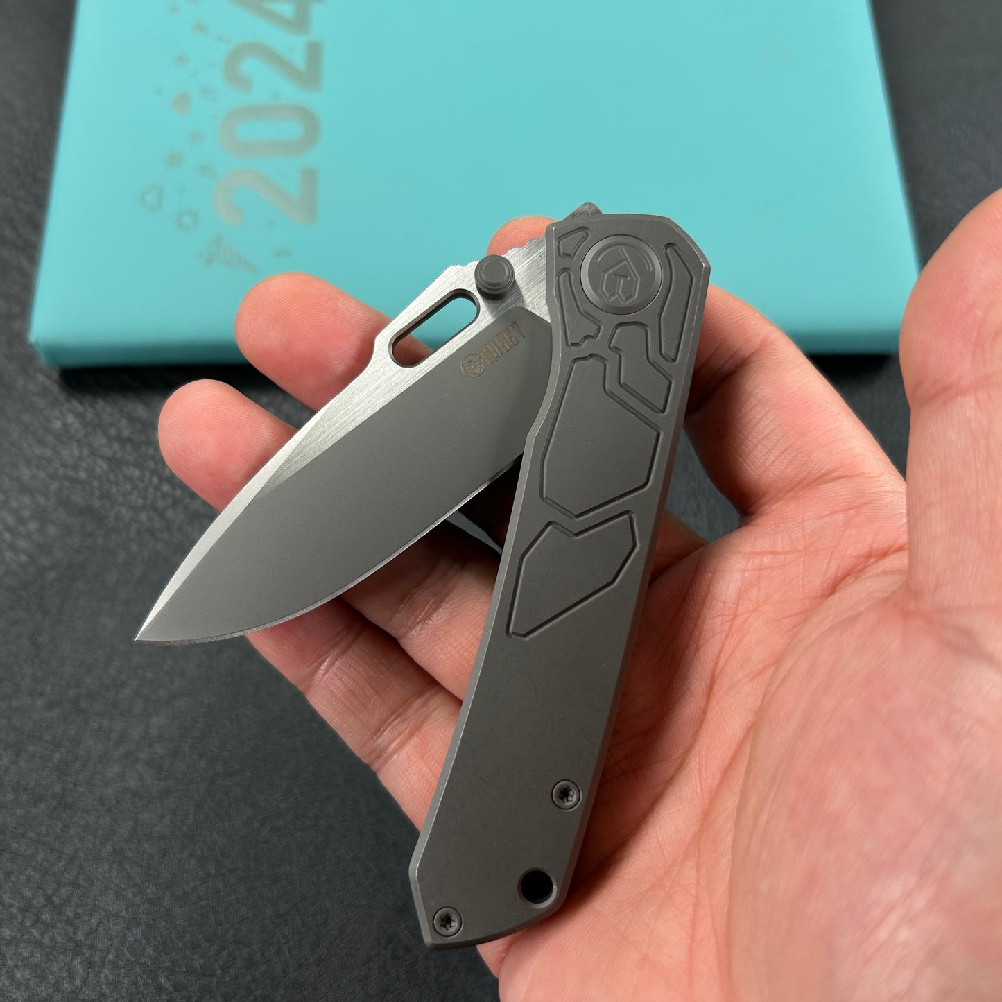 KUBEY  KB259B Blackout Frame Lock Folding Knife Gray Titanium Handle 3.15" Brush & Sandblast M390