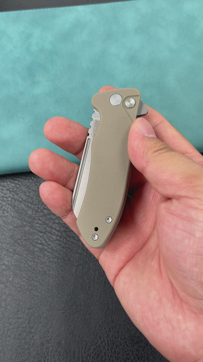 KUBEY KU336K Creon Small Pocket Knife with Button Lock Tan  G10 Handle 2.87" Beadblasted AUS-10