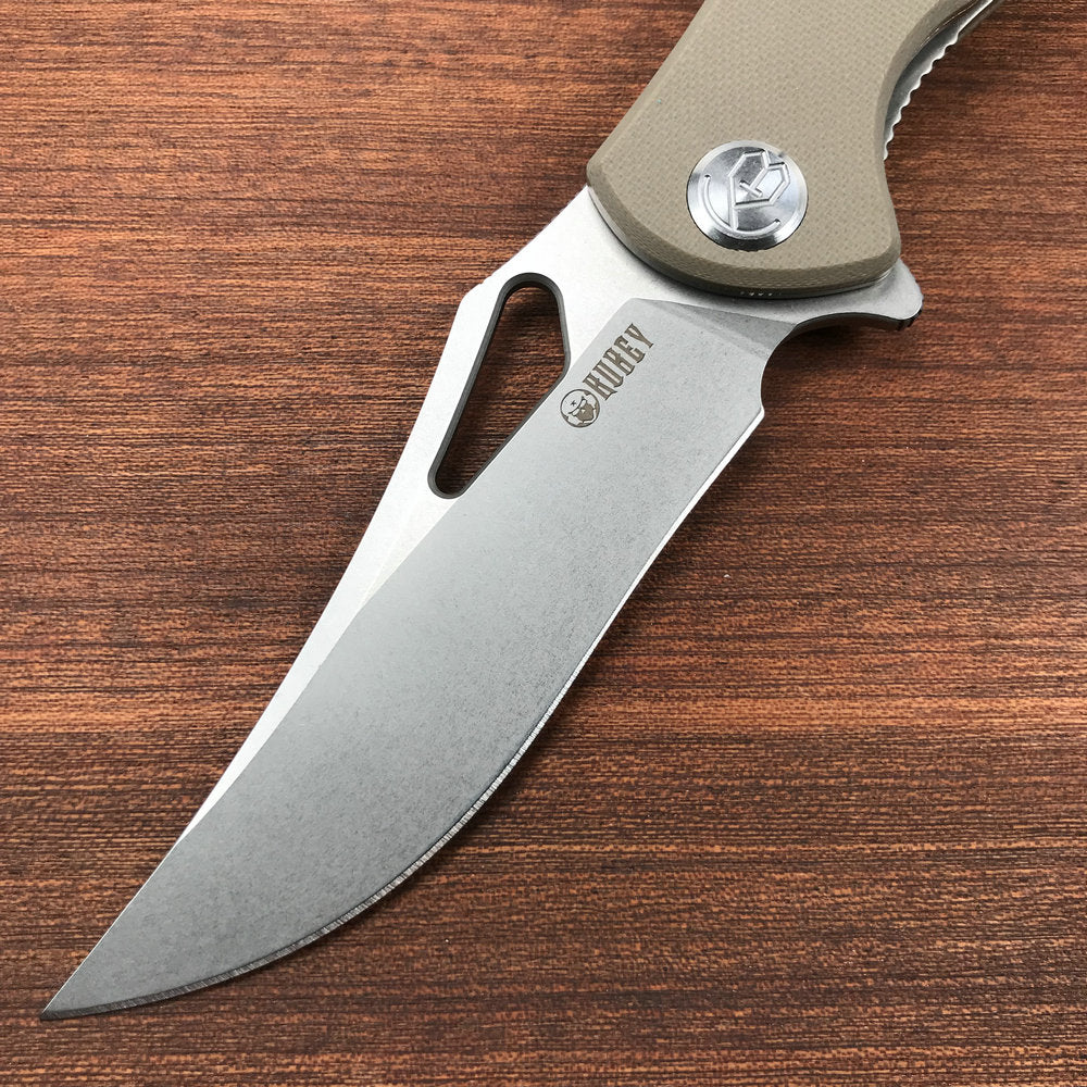 KUBEY KU149B Liner Lock Folding Pocket Knife Tan G10 Handle 3.66"Blasted Stonewashed D2