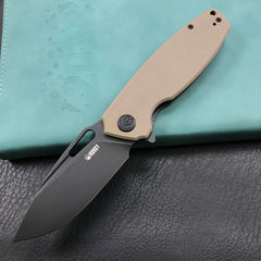 KUBEY KU322D  Liner Lock Flipper Folding Knife Tan G10 Handle 3.39" Dark Stonewashed D2