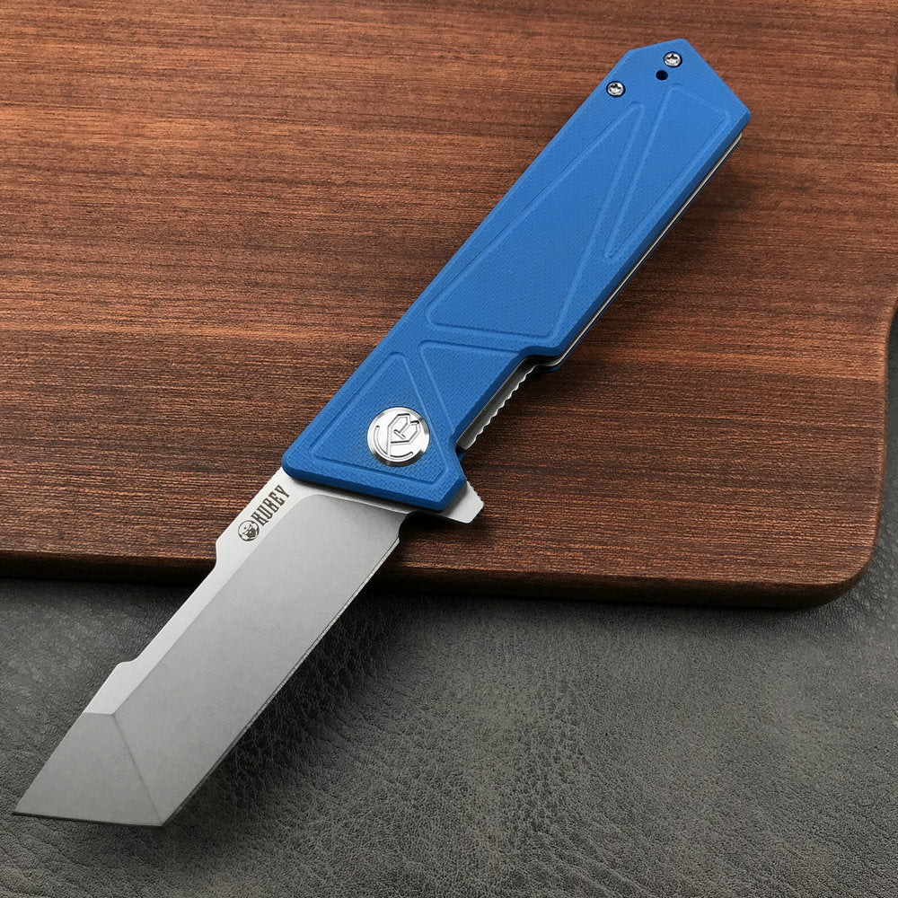 KUBEY KU104C Avenger Outdoor Edc Folding Pocket Knife Blue G10 Handle 3.07" Blasted Stonewashed D2