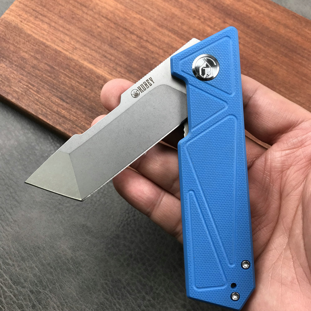 KUBEY KU104C Avenger Outdoor Edc Folding Pocket Knife Blue G10 Handle 3.07" Blasted Stonewashed D2