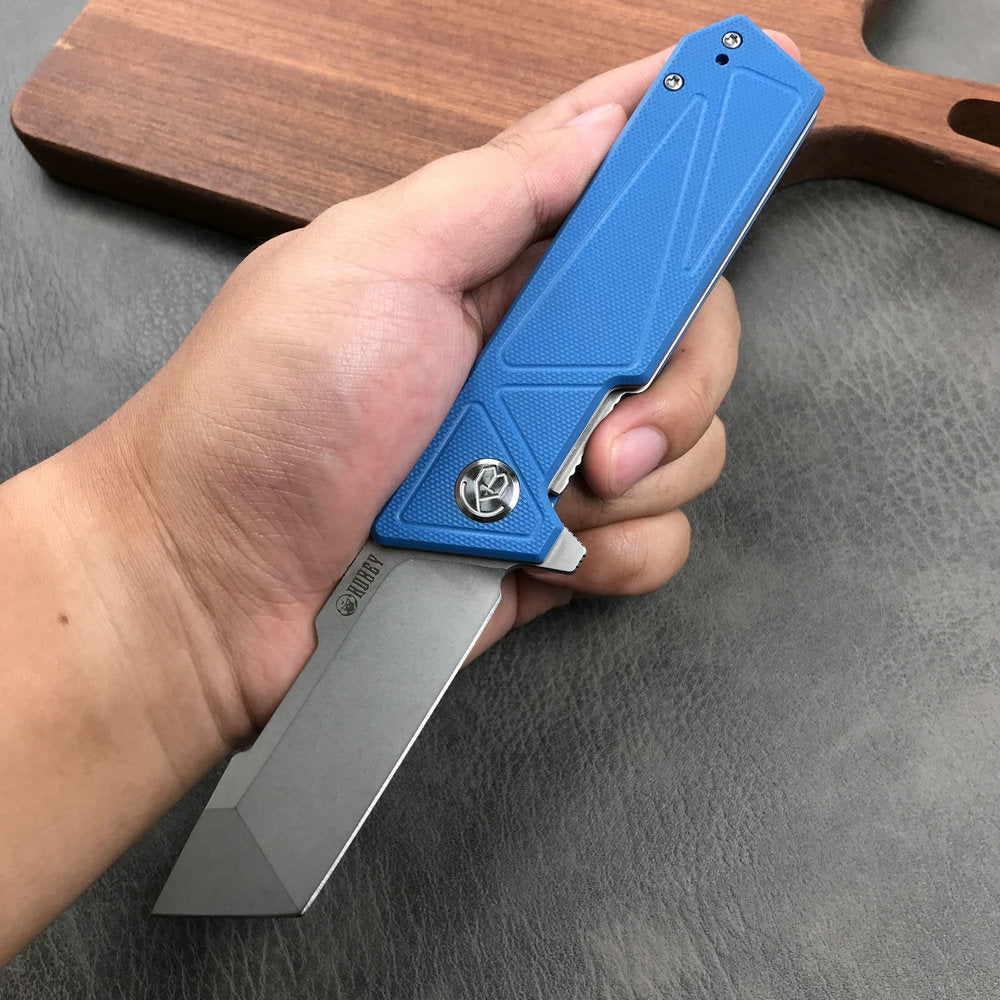 KUBEY KU104C Avenger Outdoor Edc Folding Pocket Knife Blue G10 Handle 3.07" Blasted Stonewashed D2