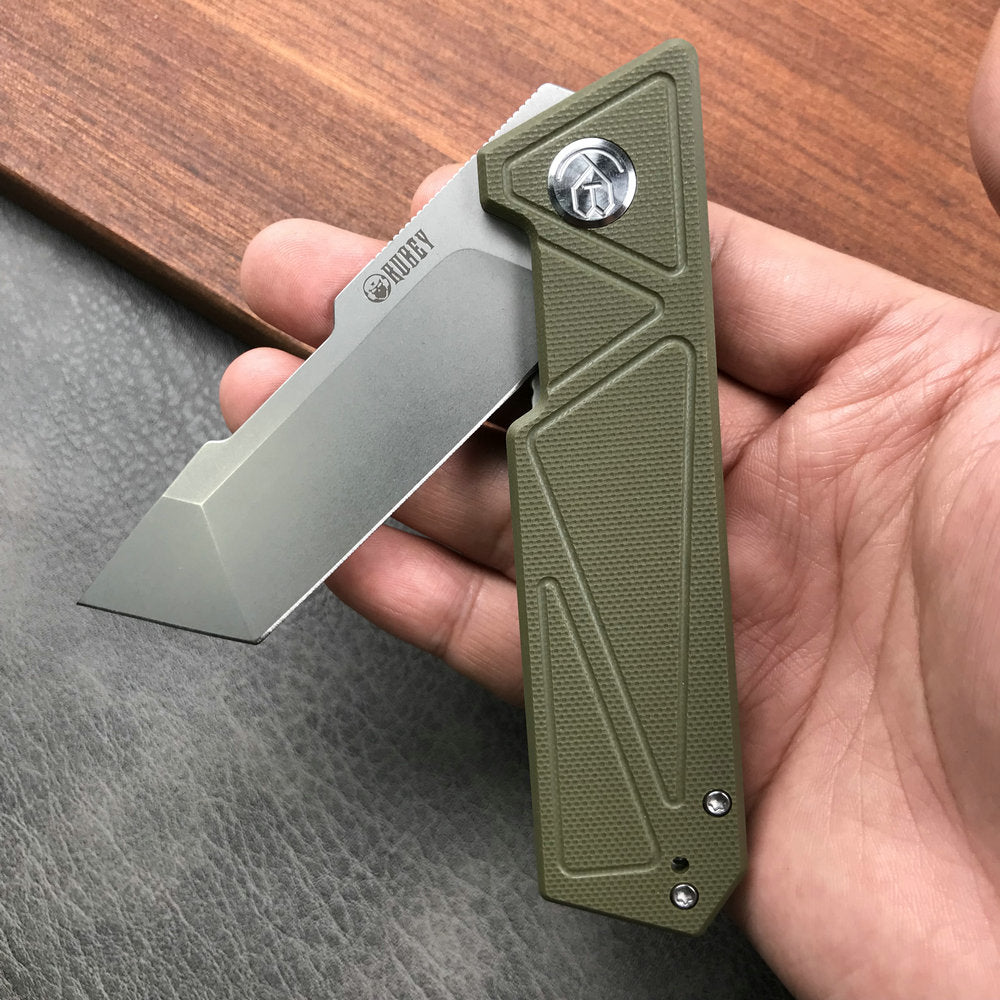 KUBEY KU104B Avenger Outdoor Edc Folding Pocket Knife Green G10 Handle 3.07" Blasted Stonewashed D2