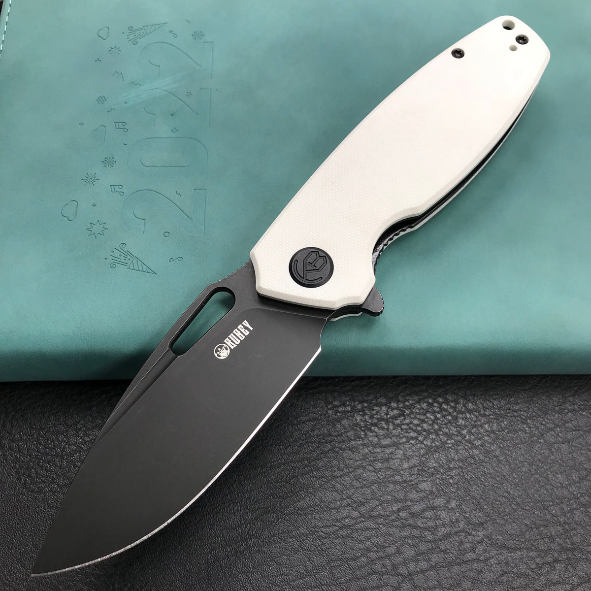 KUBEY KU322H  Liner Lock Flipper Folding Knife White G10 Handle 3.39" Dark Stonewashed D2