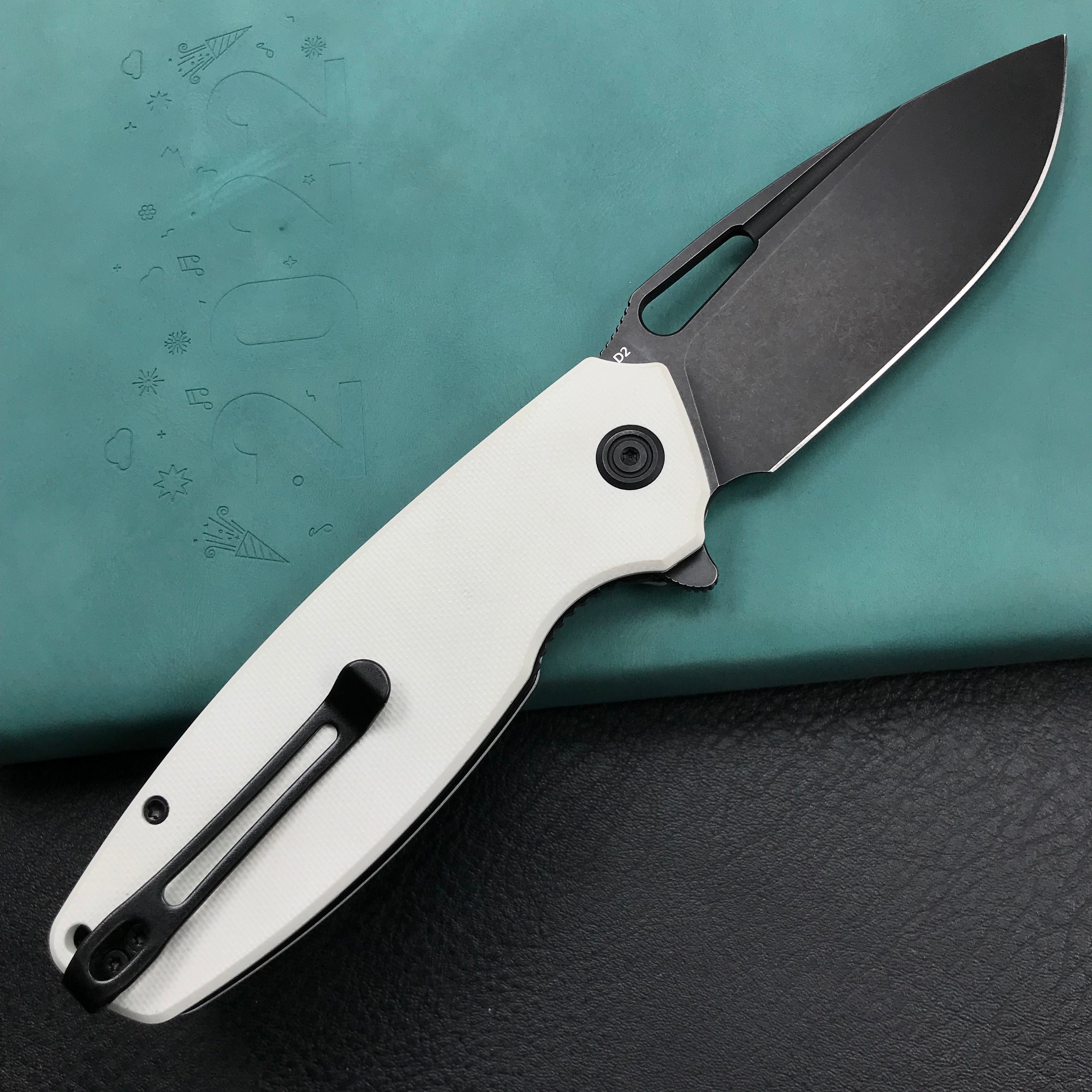 KUBEY KU322H  Liner Lock Flipper Folding Knife White G10 Handle 3.39" Dark Stonewashed D2