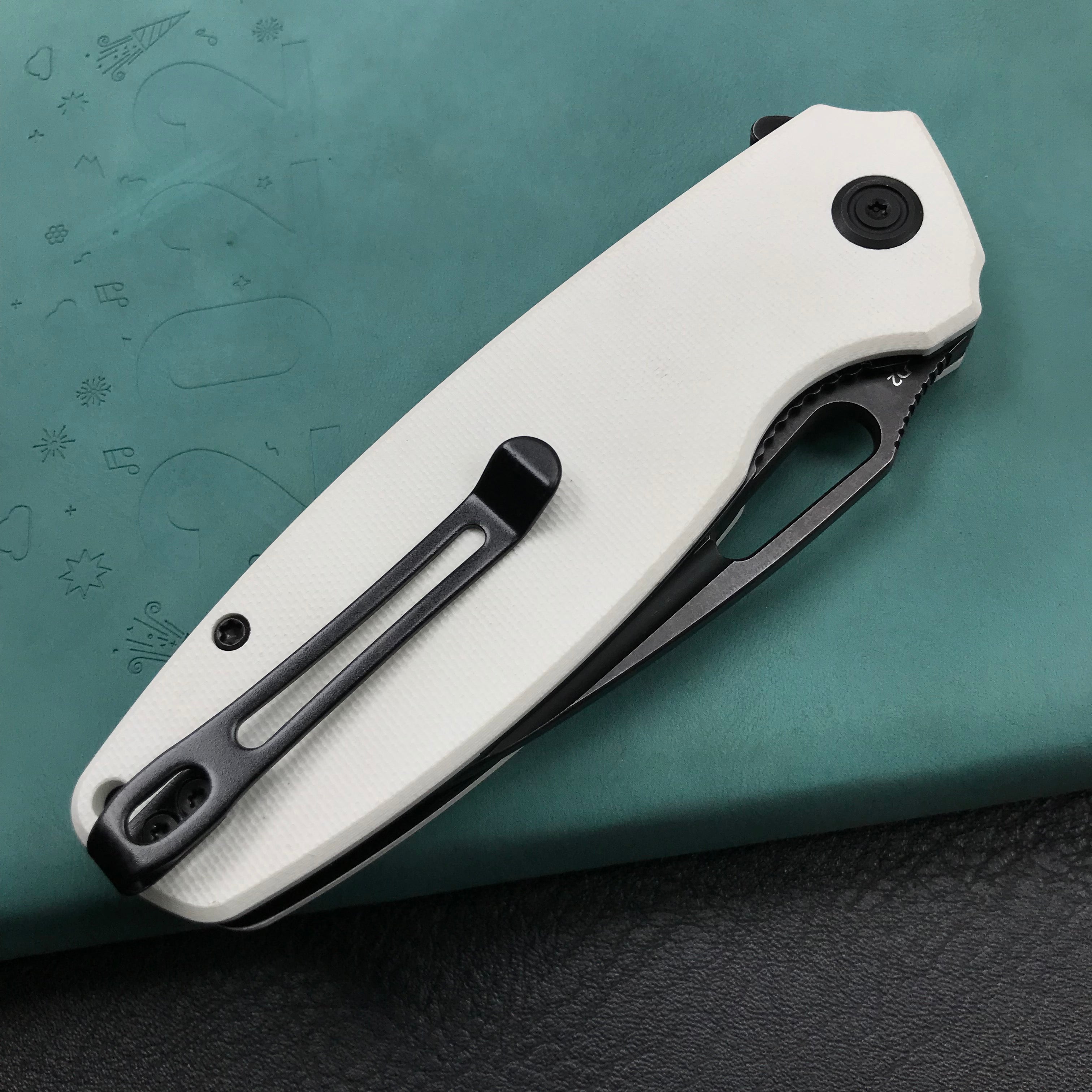 KUBEY KU322H  Liner Lock Flipper Folding Knife White G10 Handle 3.39" Dark Stonewashed D2