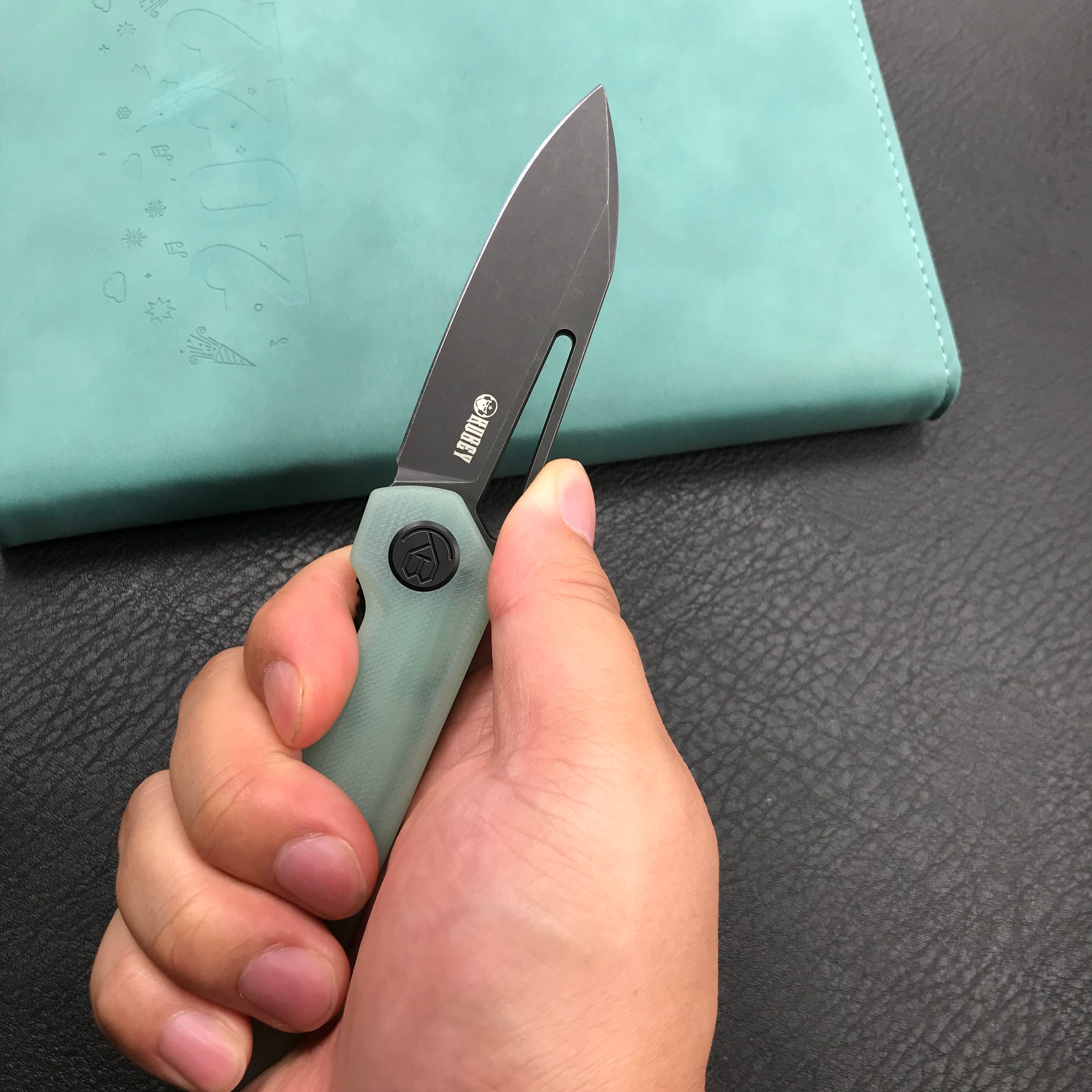 KUBEY KU321C Royal Liner Lock EDC Pocket Knife Front Flipper Jade G10 Handle 2.99"  Dark Stonewahsed D2