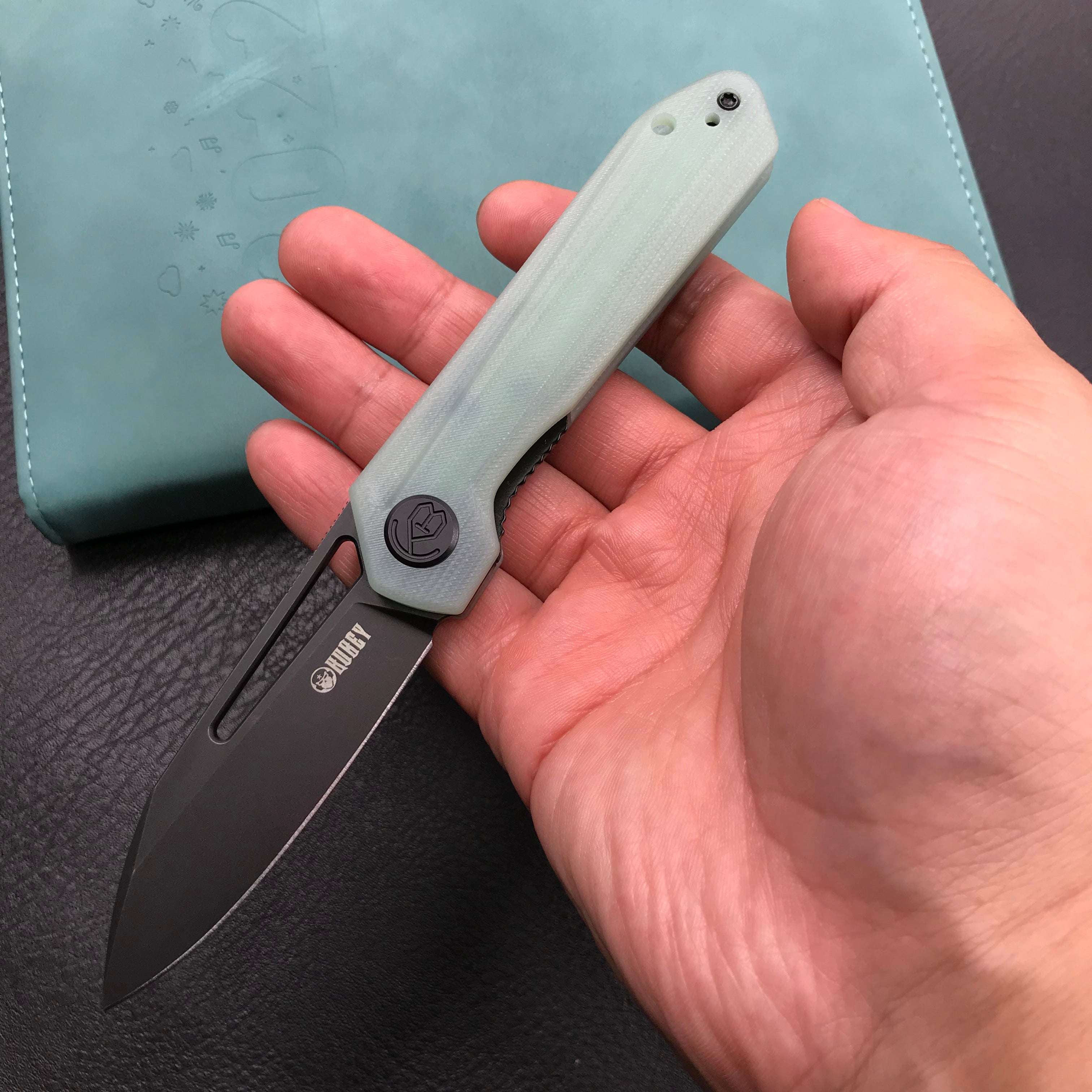 KUBEY KU321C Royal Liner Lock EDC Pocket Knife Front Flipper Jade G10 Handle 2.99"  Dark Stonewahsed D2