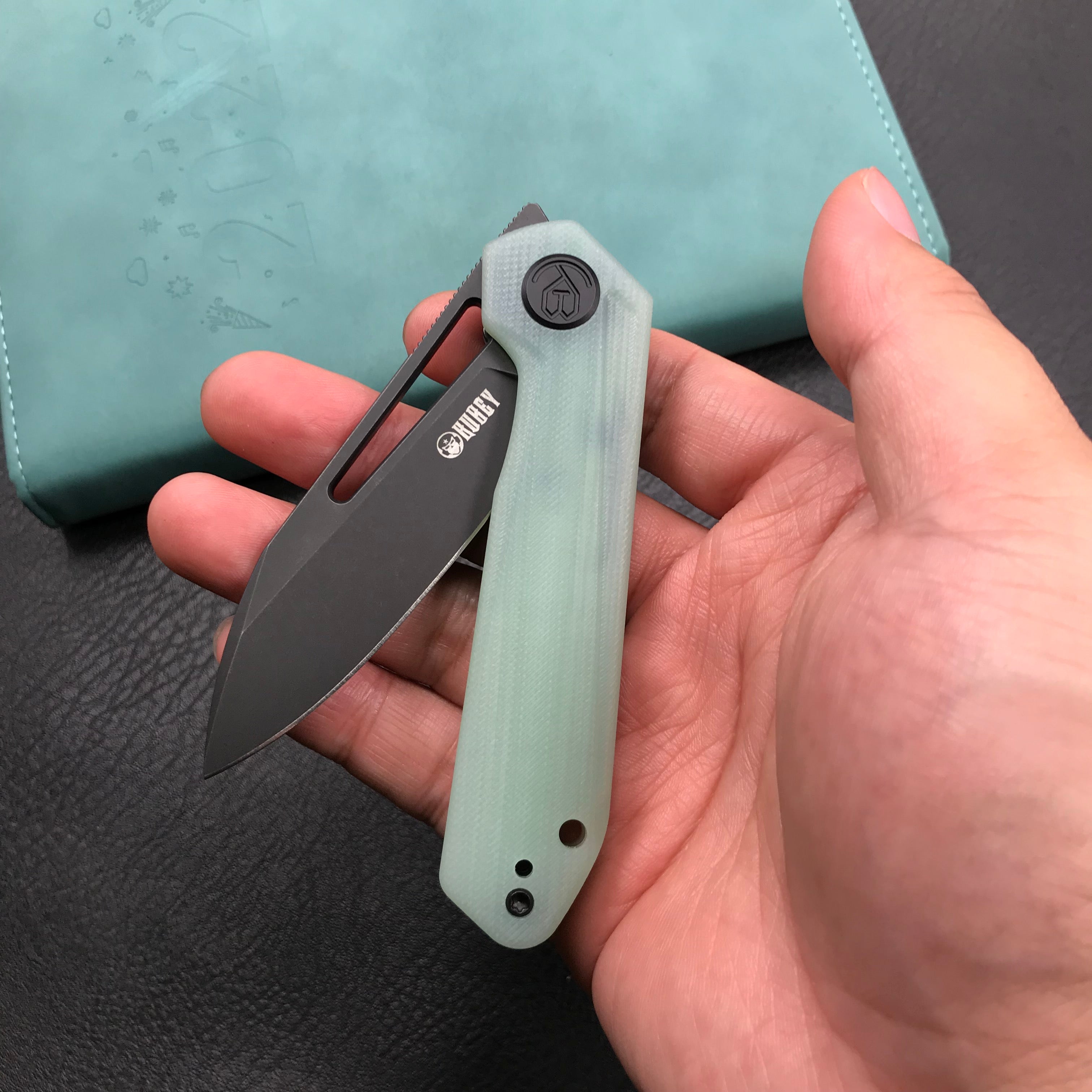 KUBEY KU321C Royal Liner Lock EDC Pocket Knife Front Flipper Jade G10 Handle 2.99"  Dark Stonewahsed D2