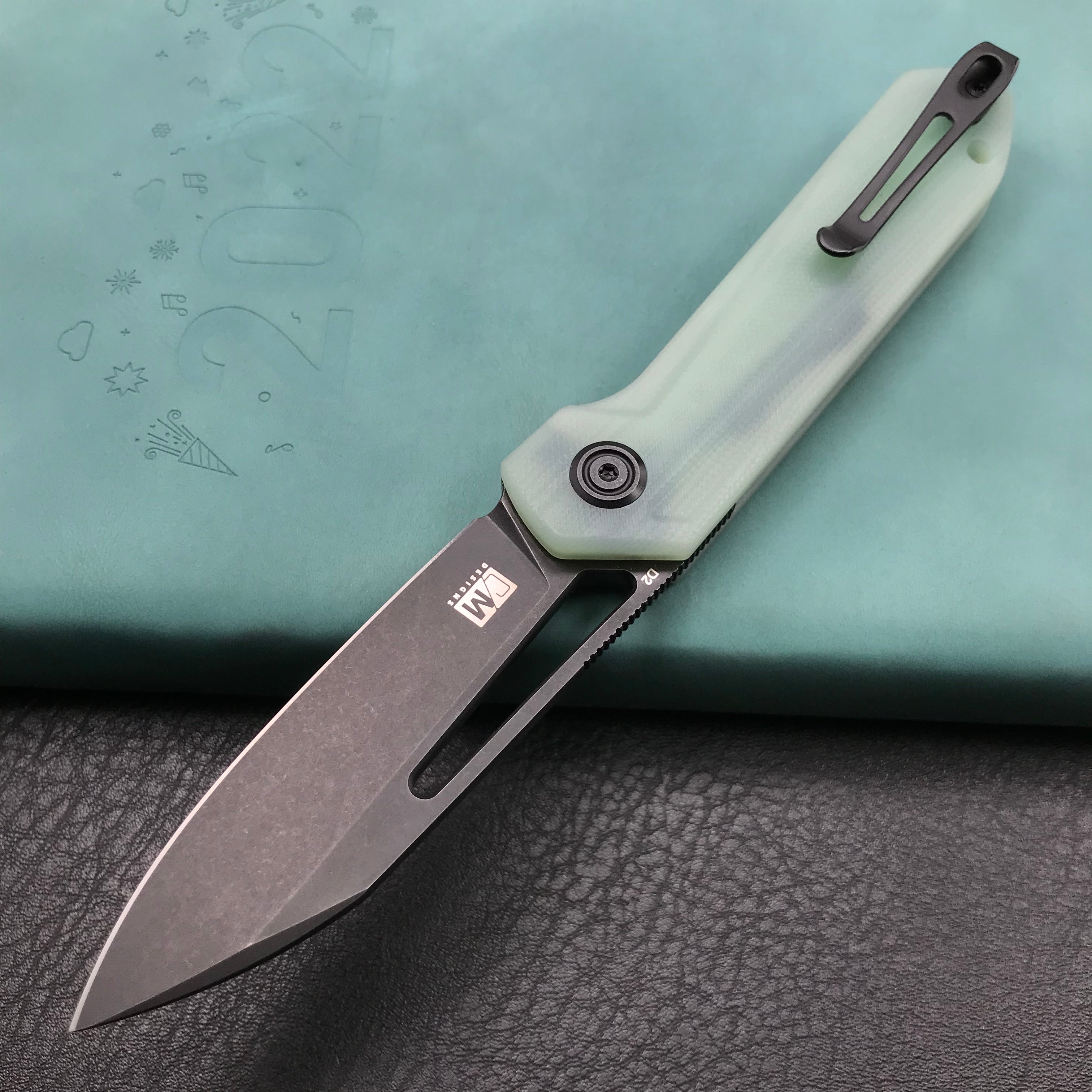 KUBEY KU321C Royal Liner Lock EDC Pocket Knife Front Flipper Jade G10 Handle 2.99"  Dark Stonewahsed D2