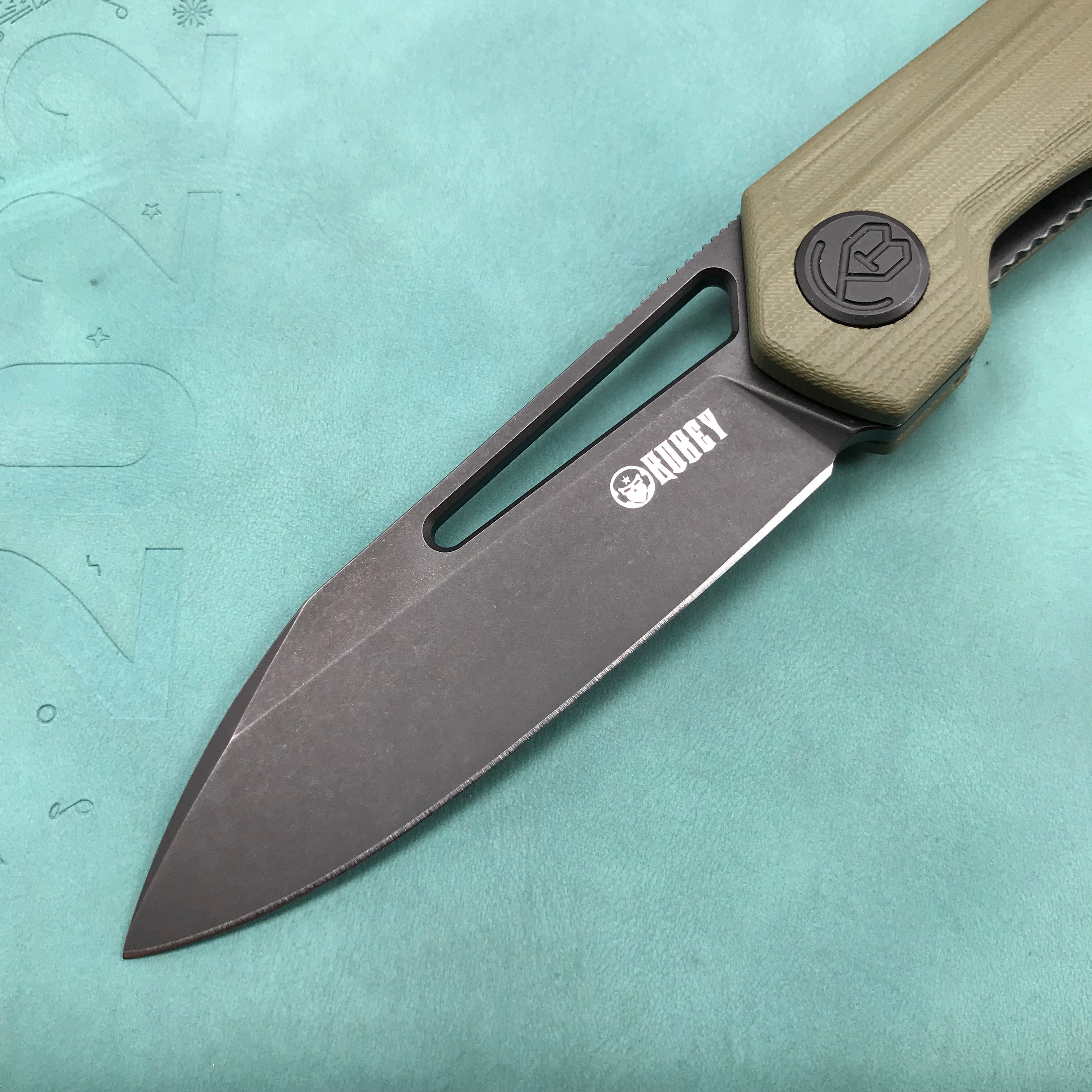 KUBEY KU321F Royal Liner Lock EDC Pocket Knife Front Flipper green G10 Handle 2.99"  Dark Stonewahsed D2