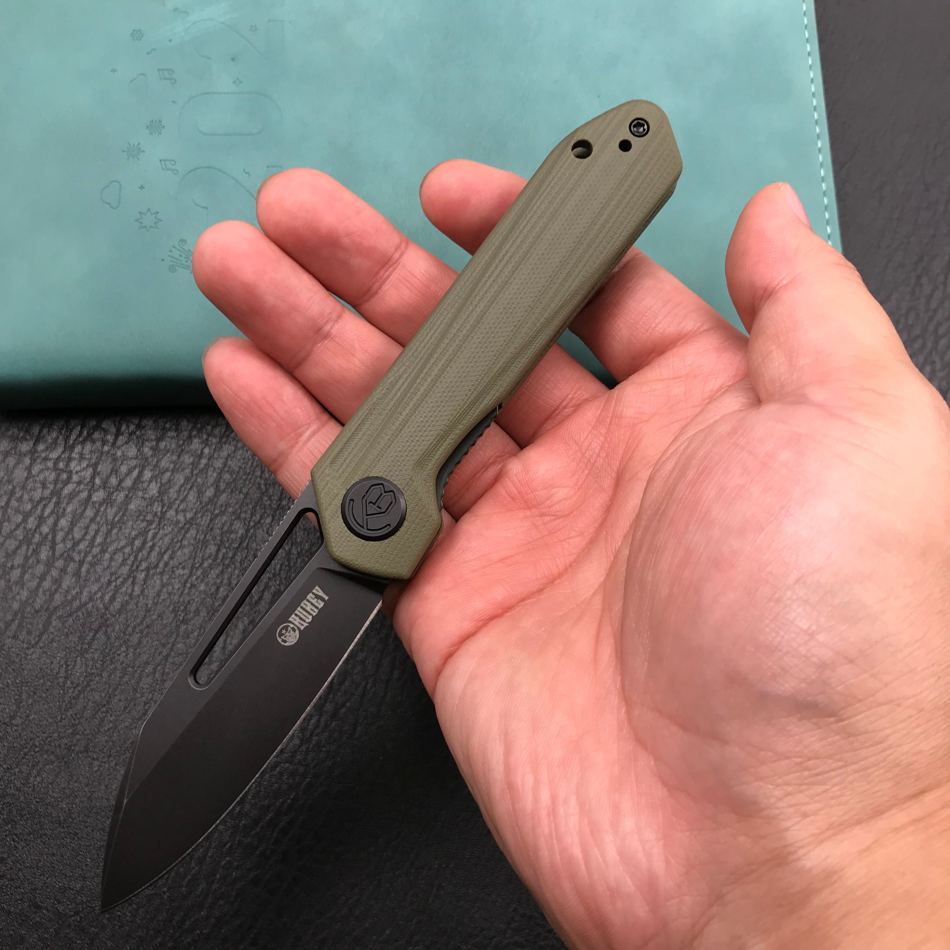 KUBEY KU321F Royal Liner Lock EDC Pocket Knife Front Flipper green G10 Handle 2.99"  Dark Stonewahsed D2