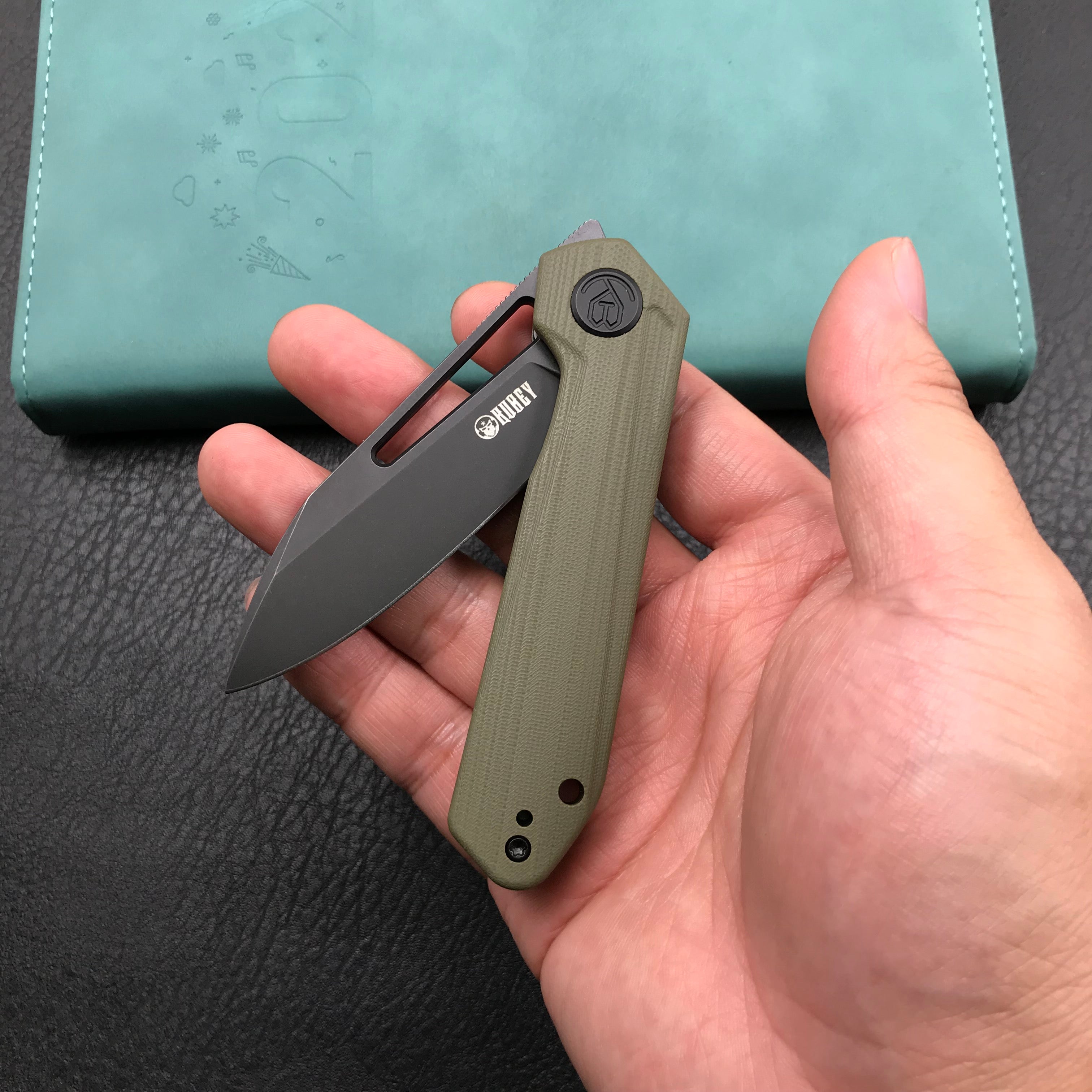 KUBEY KU321F Royal Liner Lock EDC Pocket Knife Front Flipper green G10 Handle 2.99"  Dark Stonewahsed D2