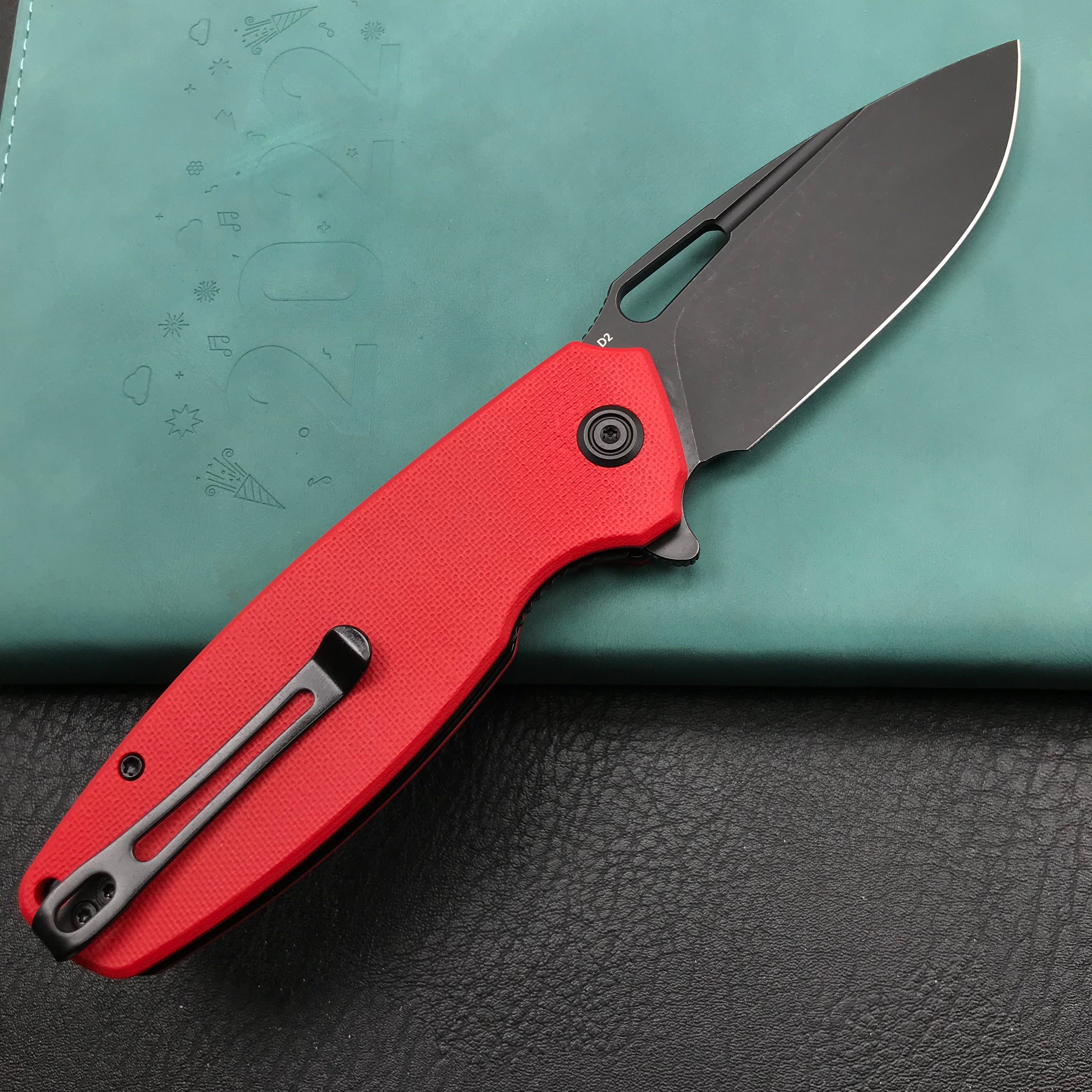 KUBEY KU322J Liner Lock Flipper Folding Knife Red G10 Handle 3.39" Dark Stonewashed D2