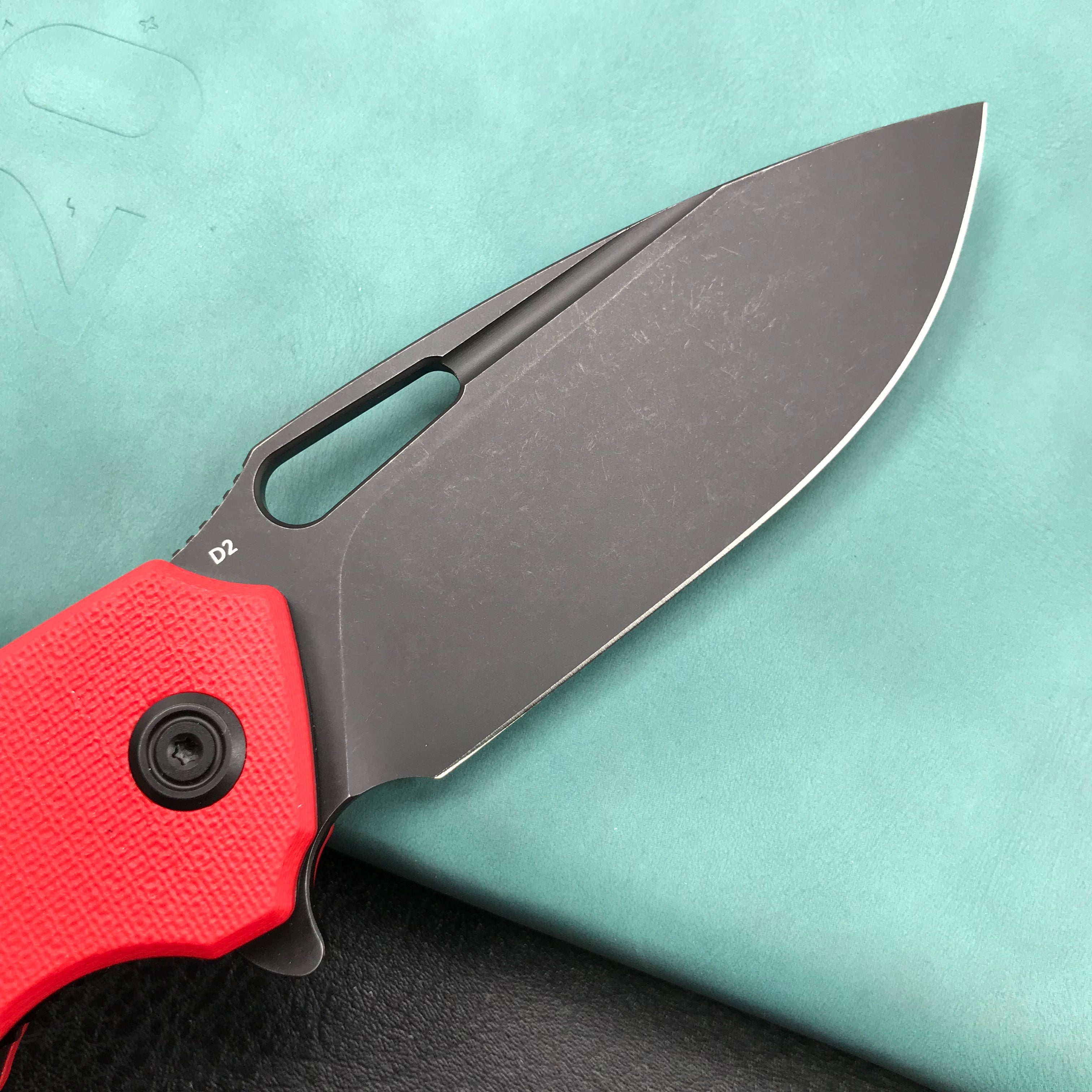 KUBEY KU322J Liner Lock Flipper Folding Knife Red G10 Handle 3.39" Dark Stonewashed D2