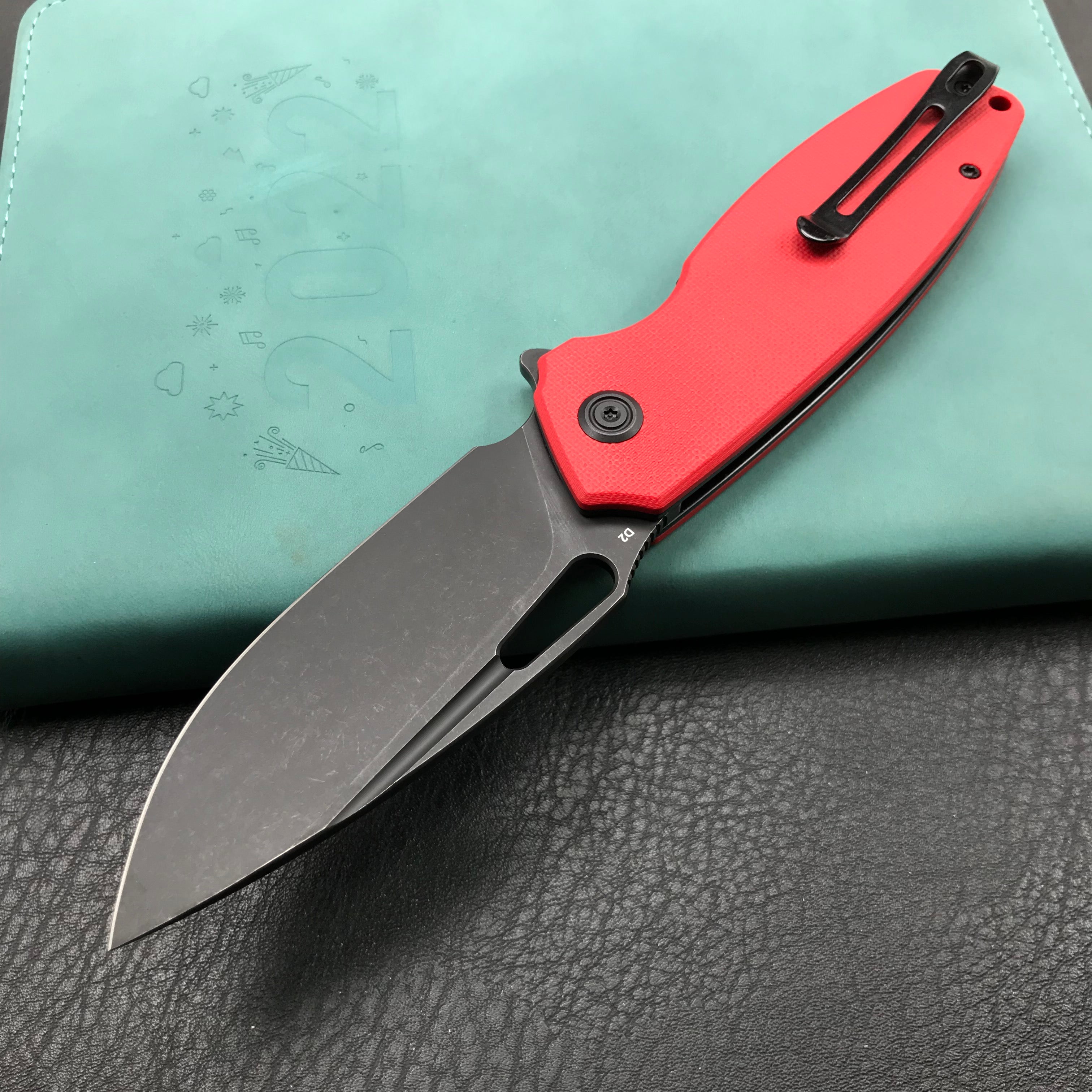 KUBEY KU322J Liner Lock Flipper Folding Knife Red G10 Handle 3.39" Dark Stonewashed D2