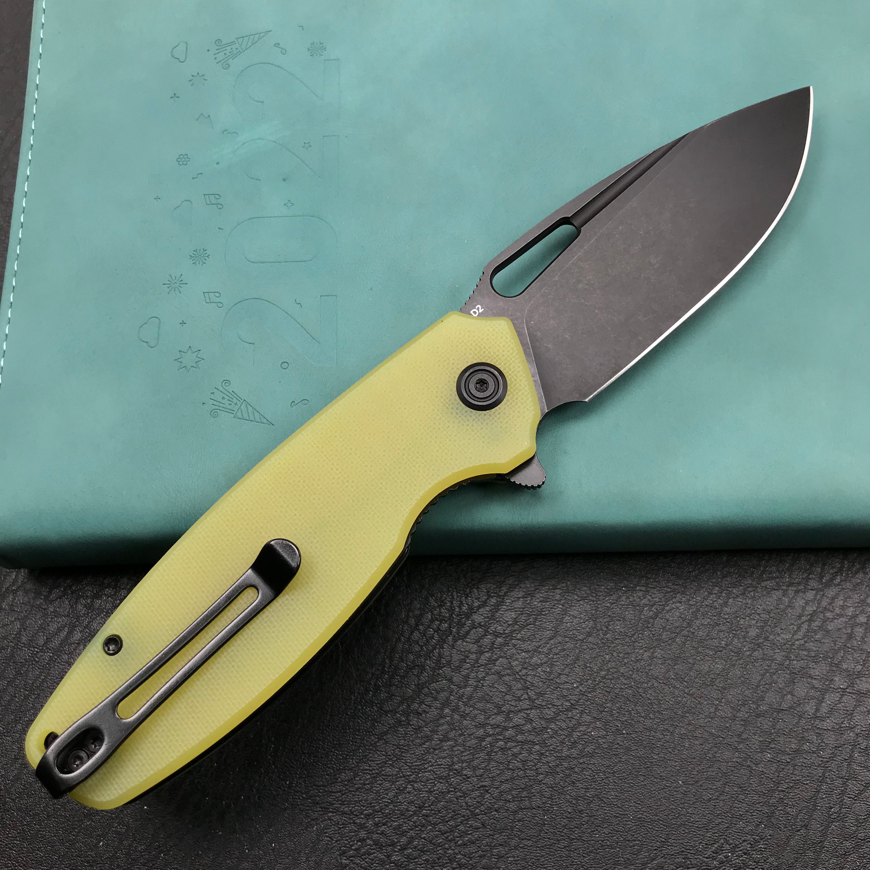 KUBEY KU322G  Liner Lock Flipper Folding Knife Yellow G10 Handle 3.39" Dark Stonewashed D2