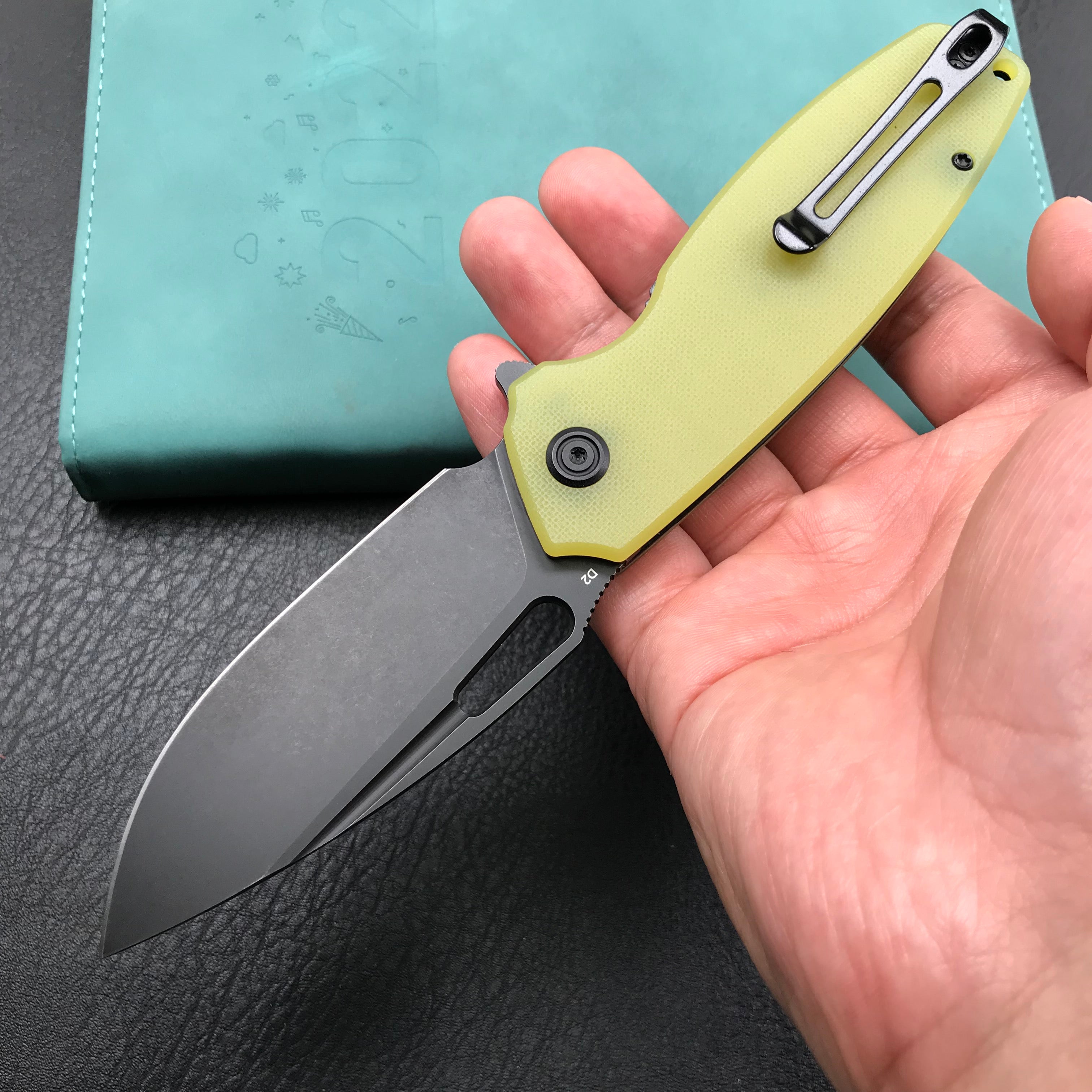 KUBEY KU322G  Liner Lock Flipper Folding Knife Yellow G10 Handle 3.39" Dark Stonewashed D2