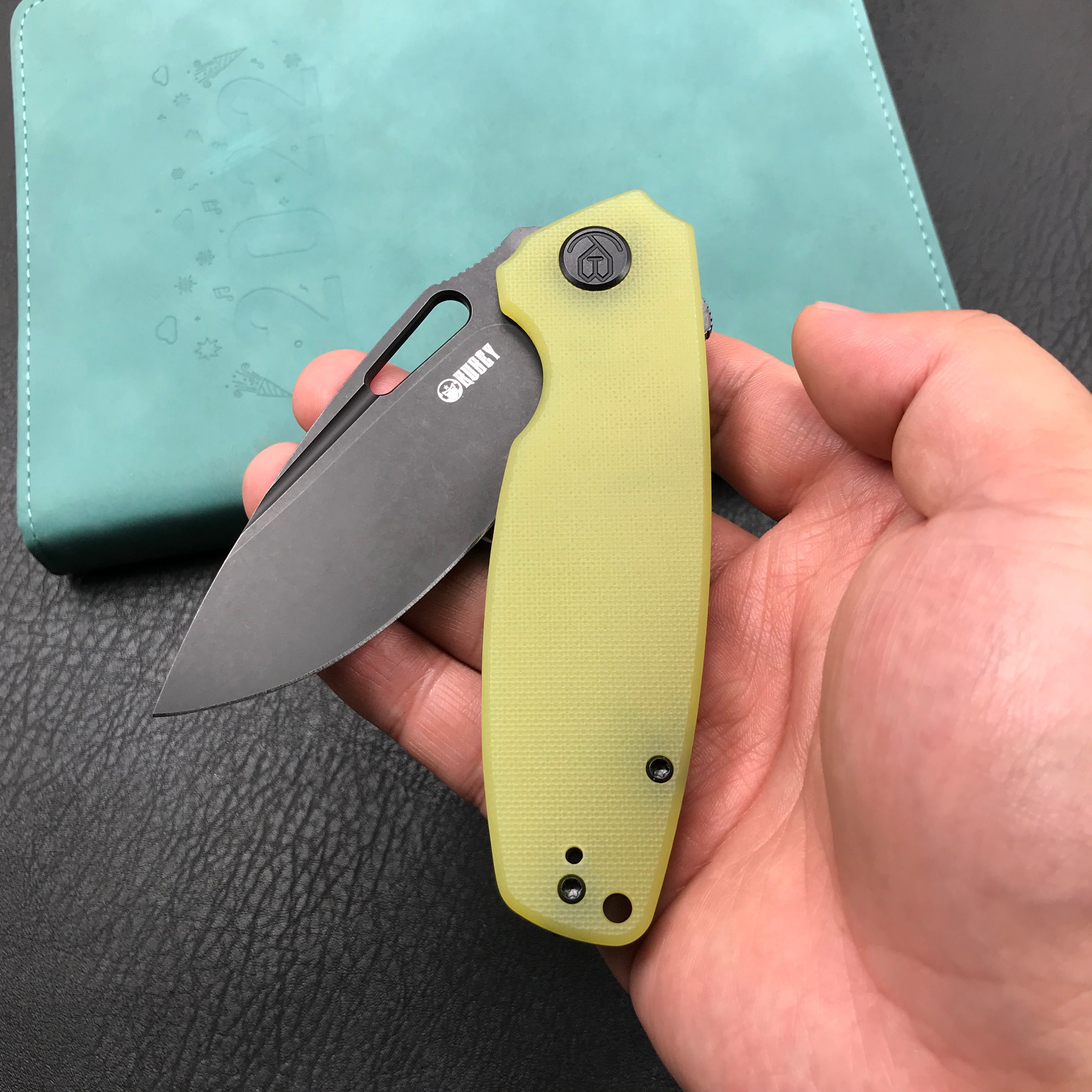 KUBEY KU322G  Liner Lock Flipper Folding Knife Yellow G10 Handle 3.39" Dark Stonewashed D2