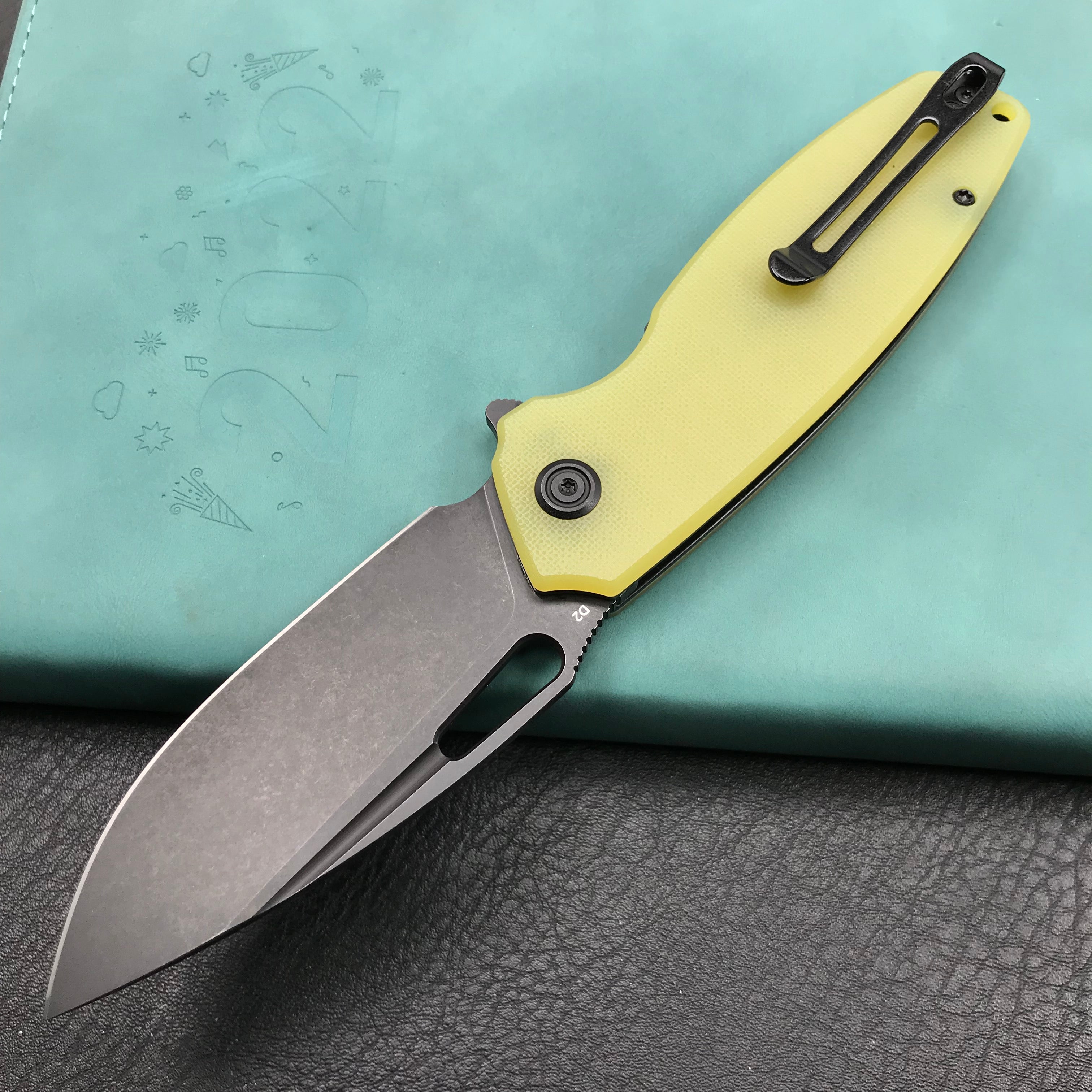 KUBEY KU322G  Liner Lock Flipper Folding Knife Yellow G10 Handle 3.39" Dark Stonewashed D2