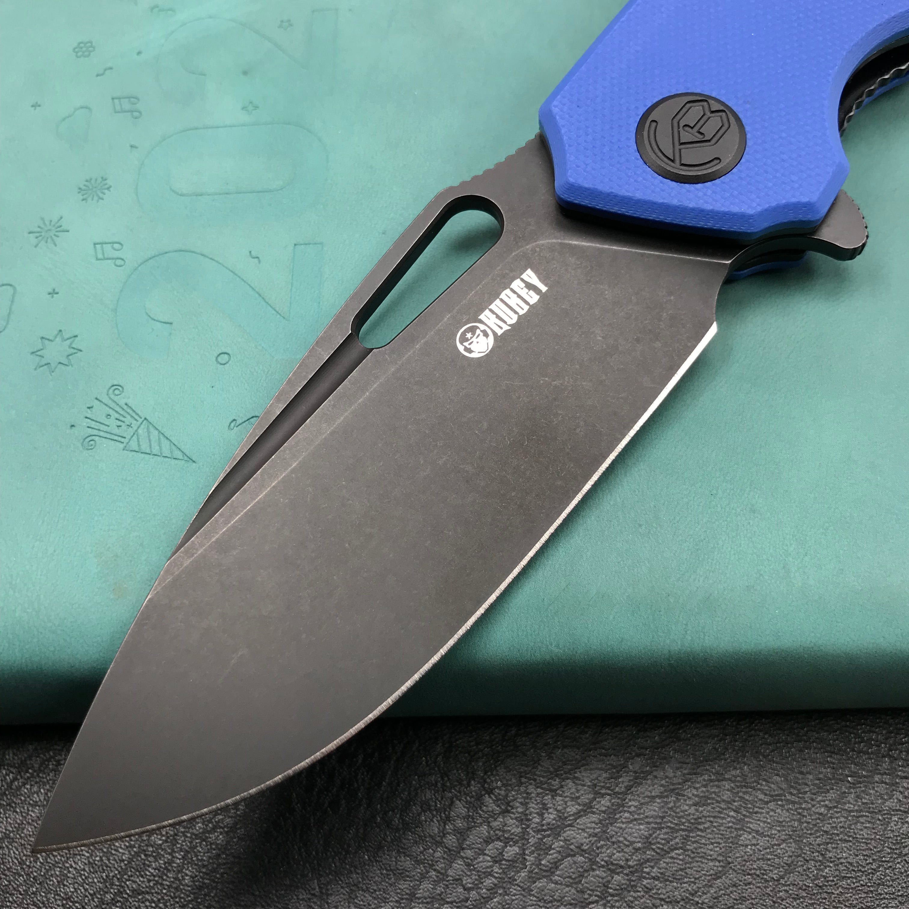 KUBEY KU322I Liner Lock Flipper Folding Knife Blue G10 Handle 3.39" Dark Stonewashed D2