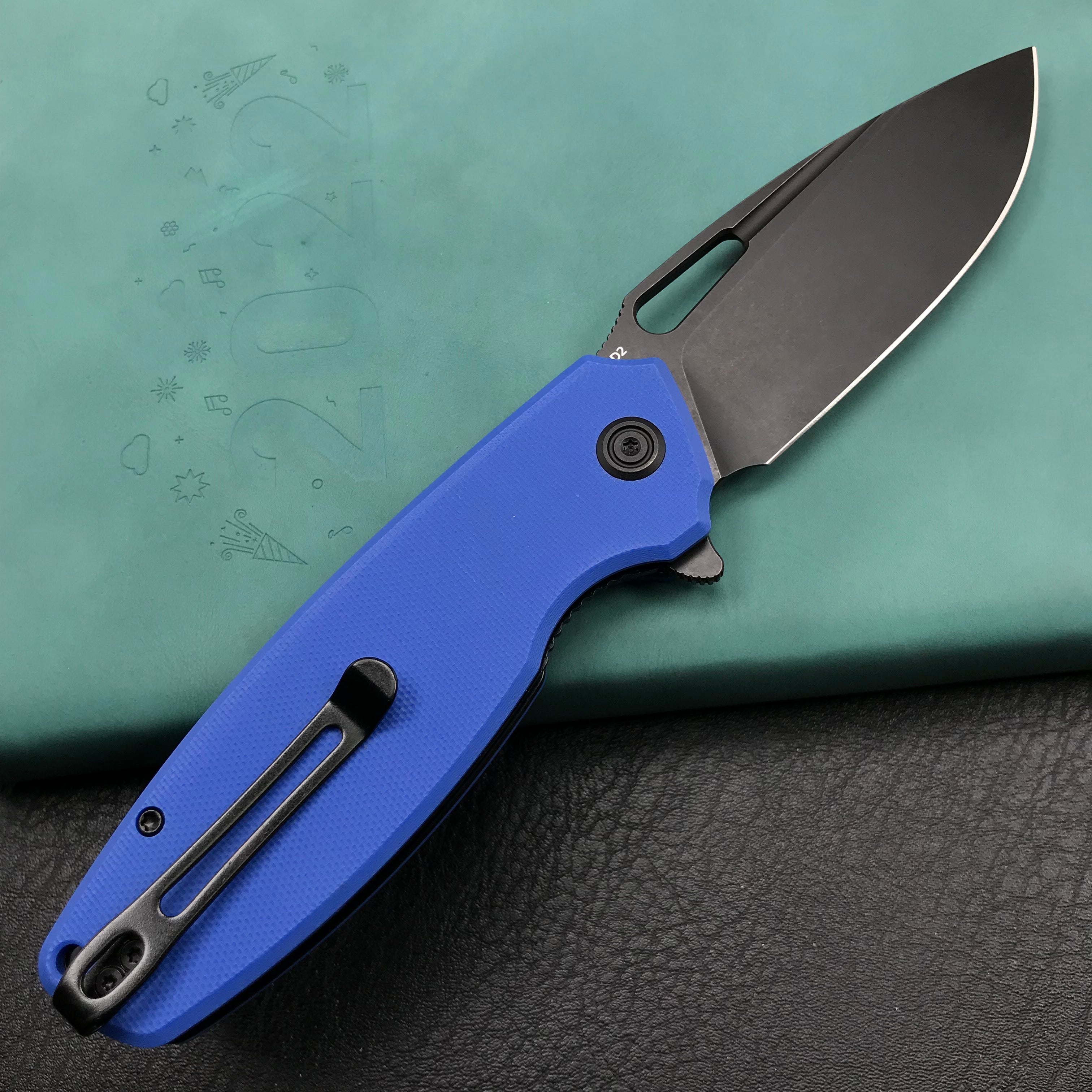 KUBEY KU322I Liner Lock Flipper Folding Knife Blue G10 Handle 3.39" Dark Stonewashed D2