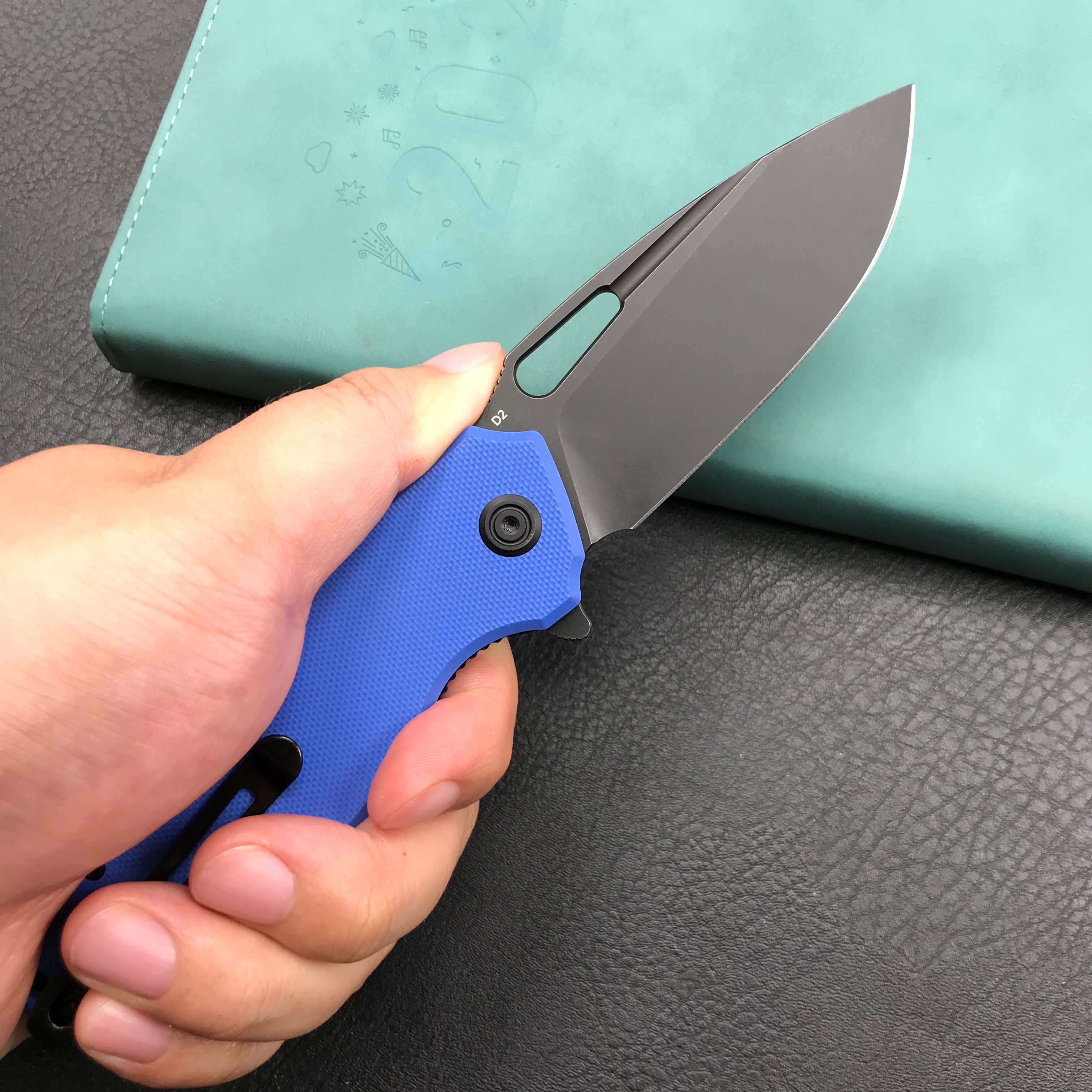 KUBEY KU322I Liner Lock Flipper Folding Knife Blue G10 Handle 3.39" Dark Stonewashed D2